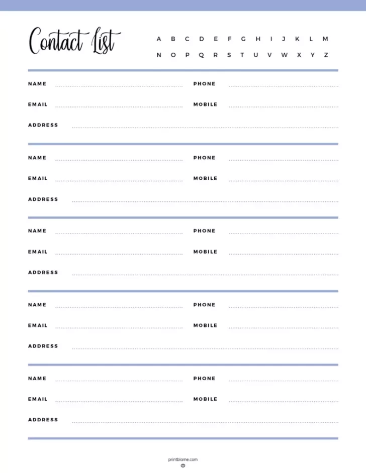 Free Printable Contact List Template