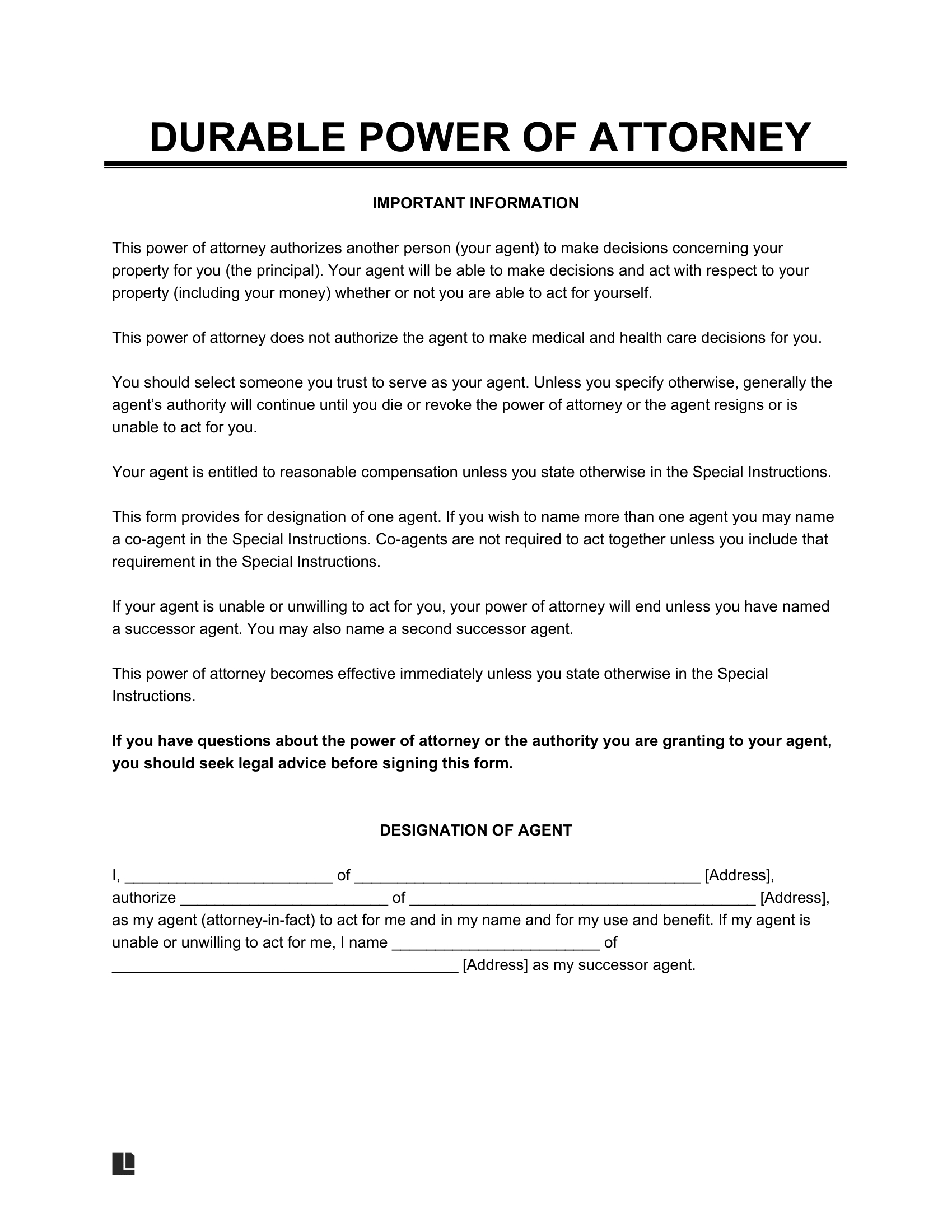 Durable (Financial) Power Of Attorney Form | Pdf &amp;amp; Word pertaining to Free Printable Durable Power Of Attorney Template