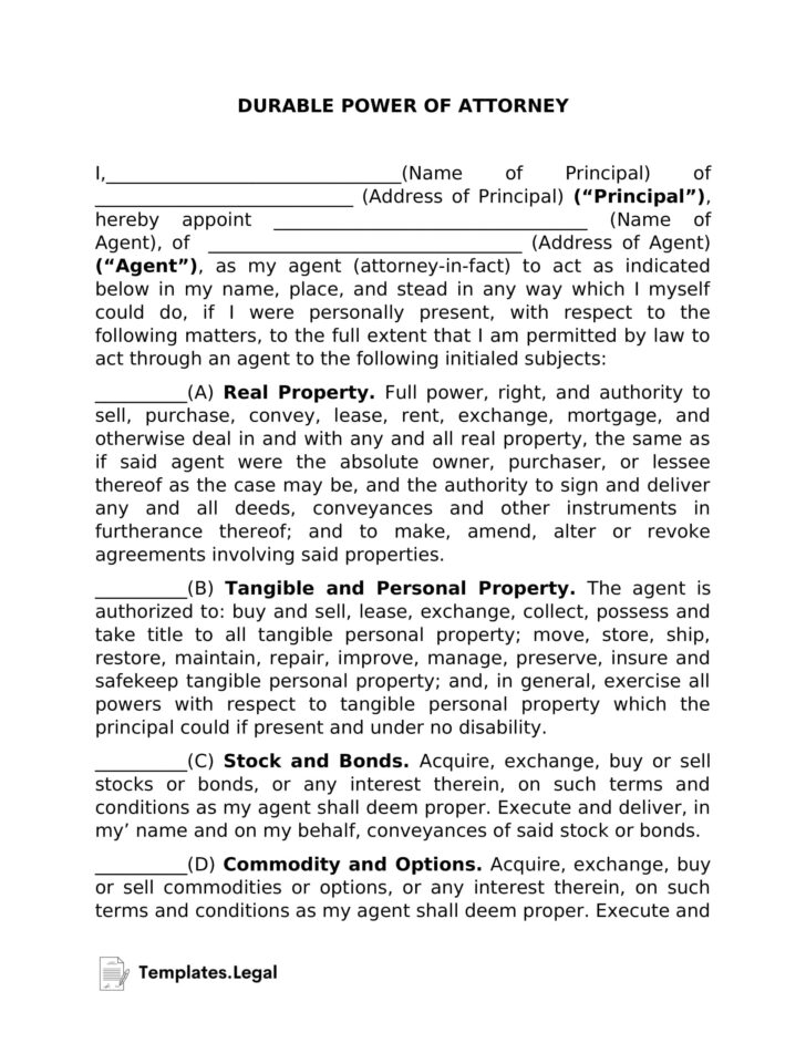 Free Printable Durable Power of Attorney Template