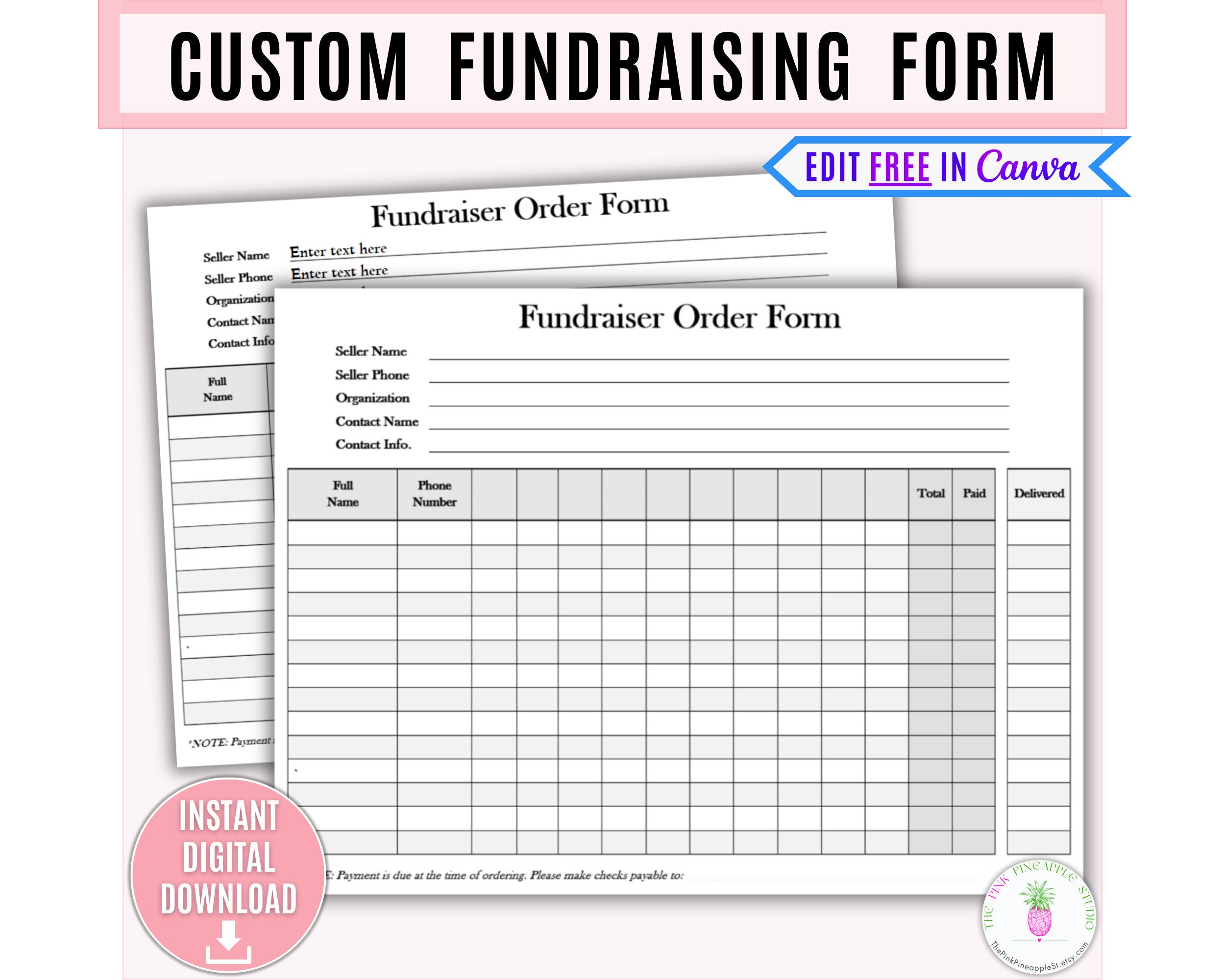 Editable Fundraising Form Printable, Sponsorship Form, Custom throughout Free Printable Fundraiser Order Form Template