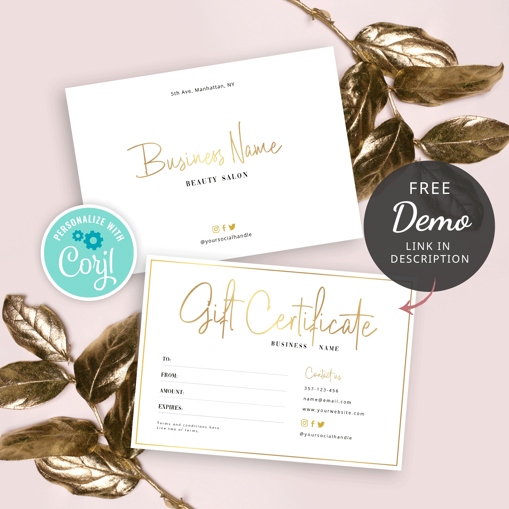 Editable Gift Certificate Template - Diy Printable Gold Gift Voucher intended for Free Printable Beauty Salon Gift Certificate Template