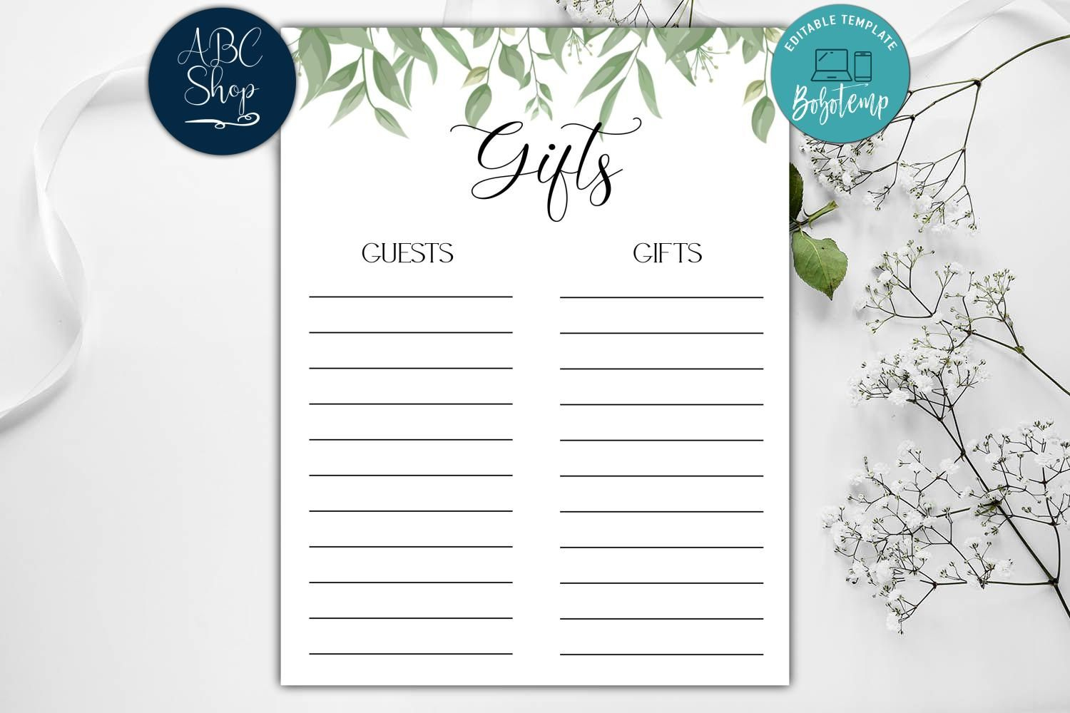 Editable Greenery Gift List Bridal Shower Gift List Diy | Bobotemp in Free Printable Bridal Shower Gift List Template