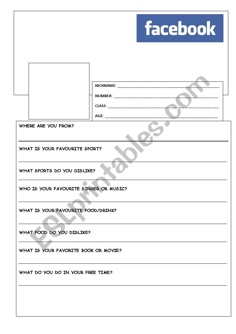 Facebook Template - Esl Worksheetbrigittebbb regarding Free Printable Facebook Template For Students