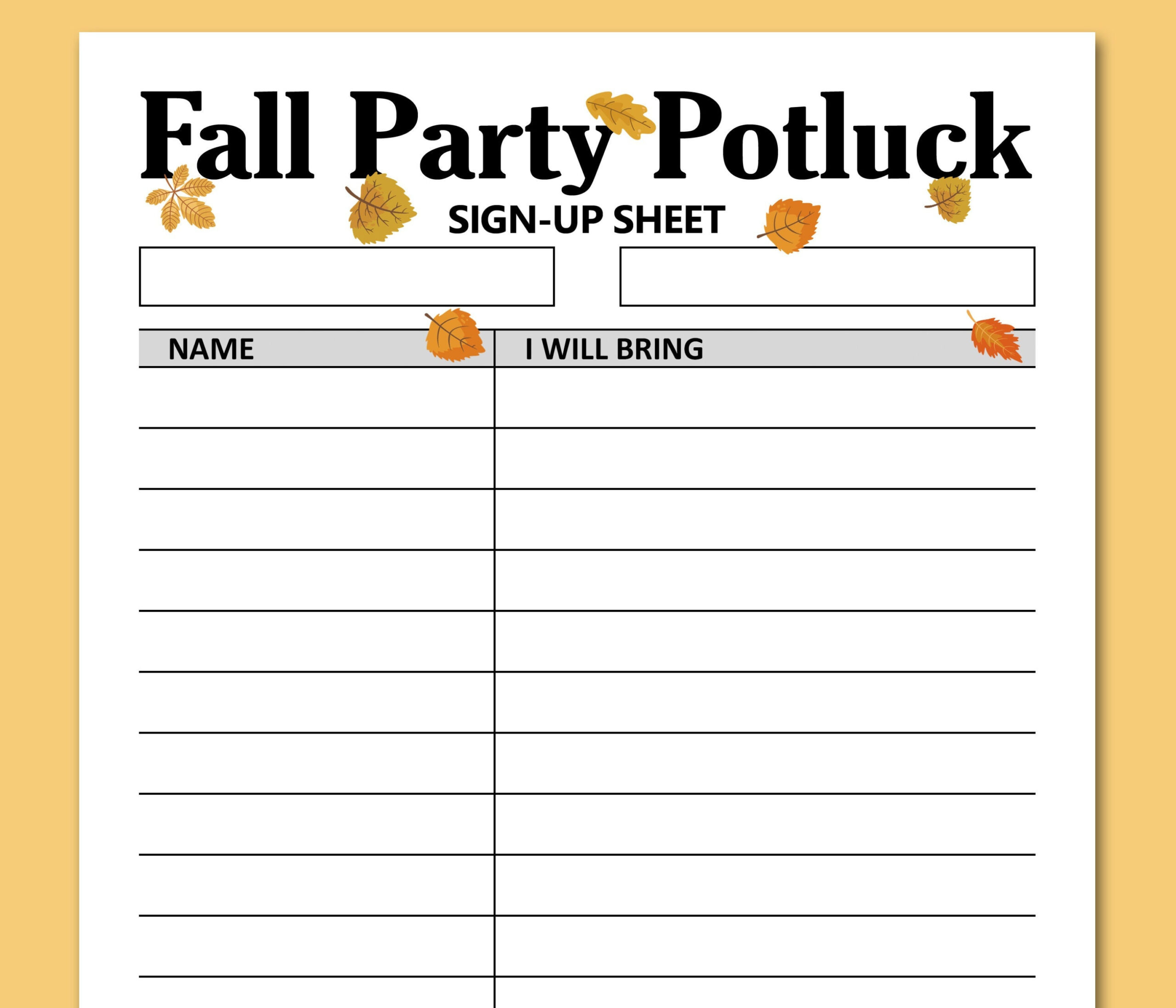 Fall Potluck Sign Up Sheet Printable, Signup Form, Fall Party in Free Printable Fall Potluck Sign Up Sheet Template