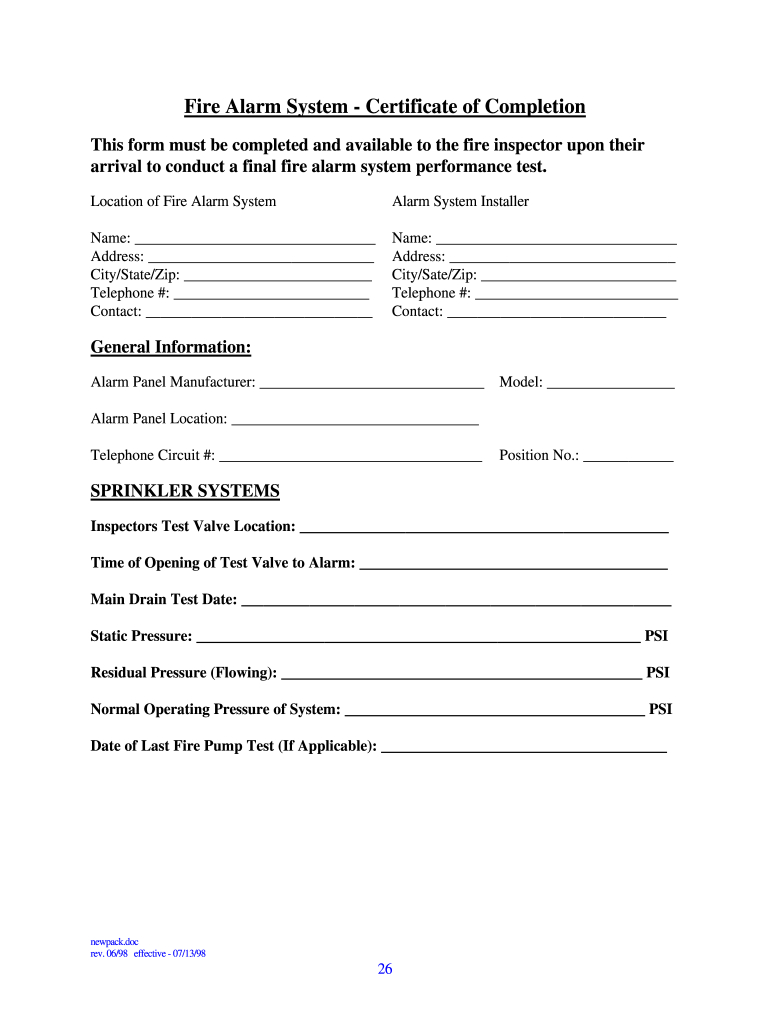 Fire Alarm Certificate Of Completion - Fill Online, Printable in Free Printable Alarm Certificate For Insurance Template