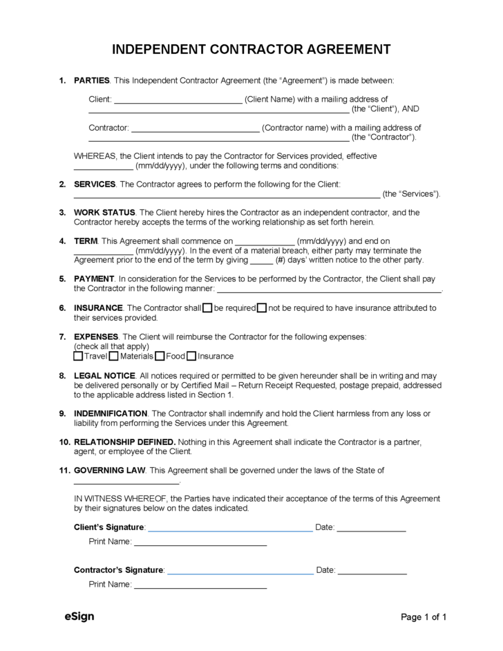 Free Printable Contract Agreement Template