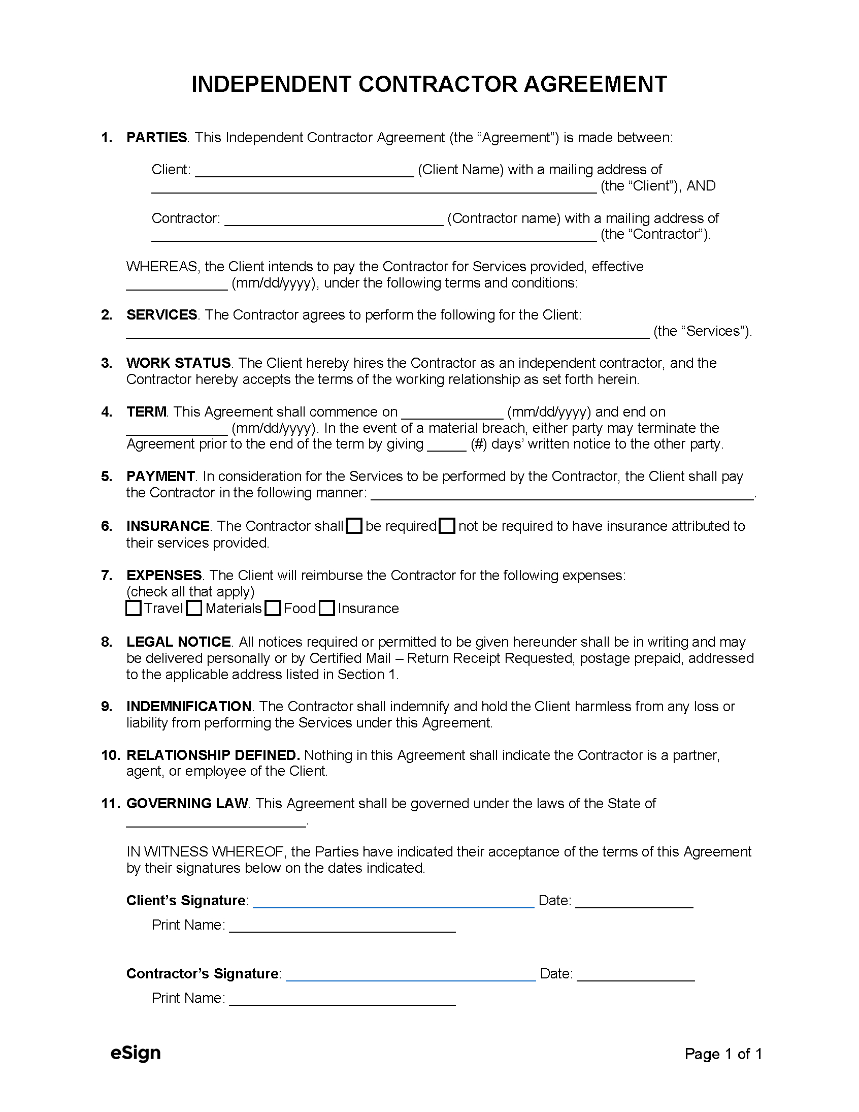 Free 1-Page (Simple) Independent Contractor Agreement Template within Free Printable Contract Agreement Template