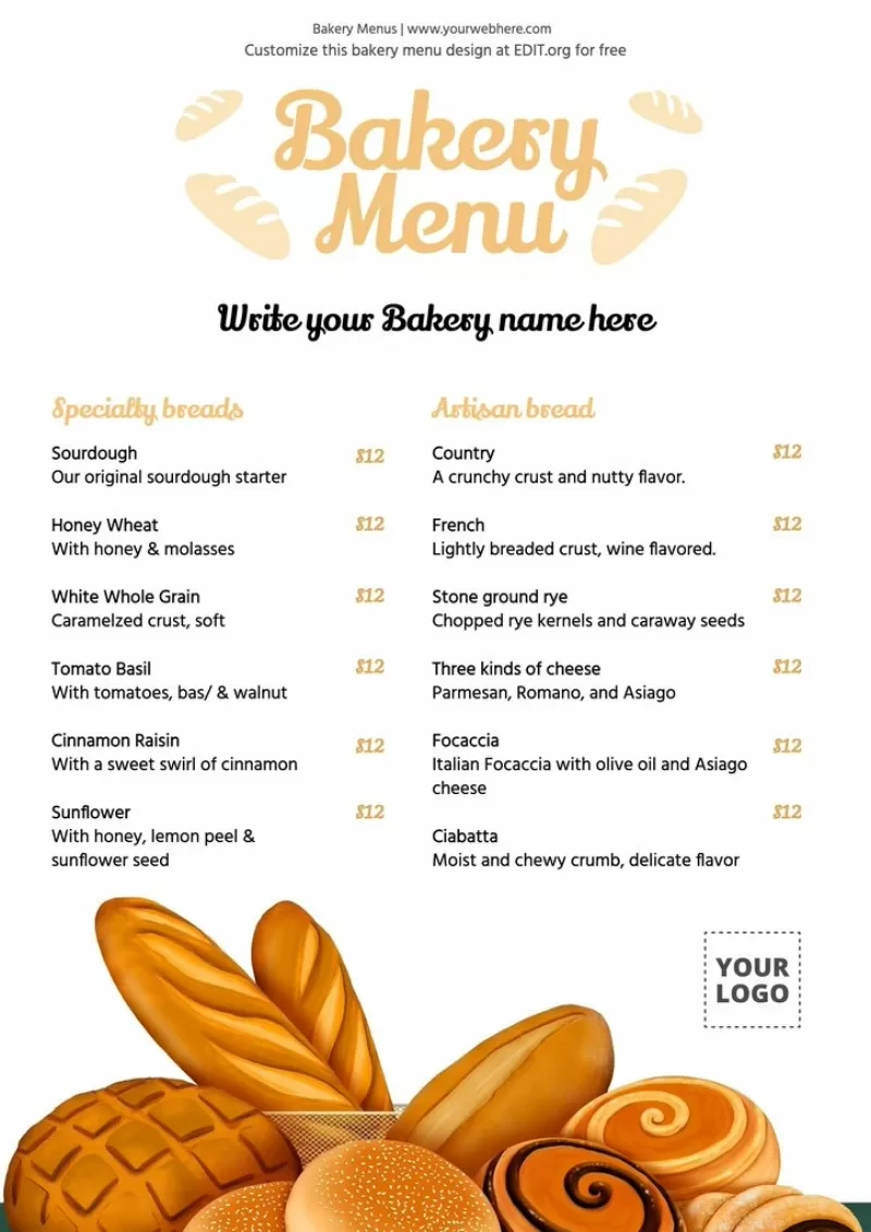 Free Bakery Menu Templates Online in Free Printable Bakery Menu Template