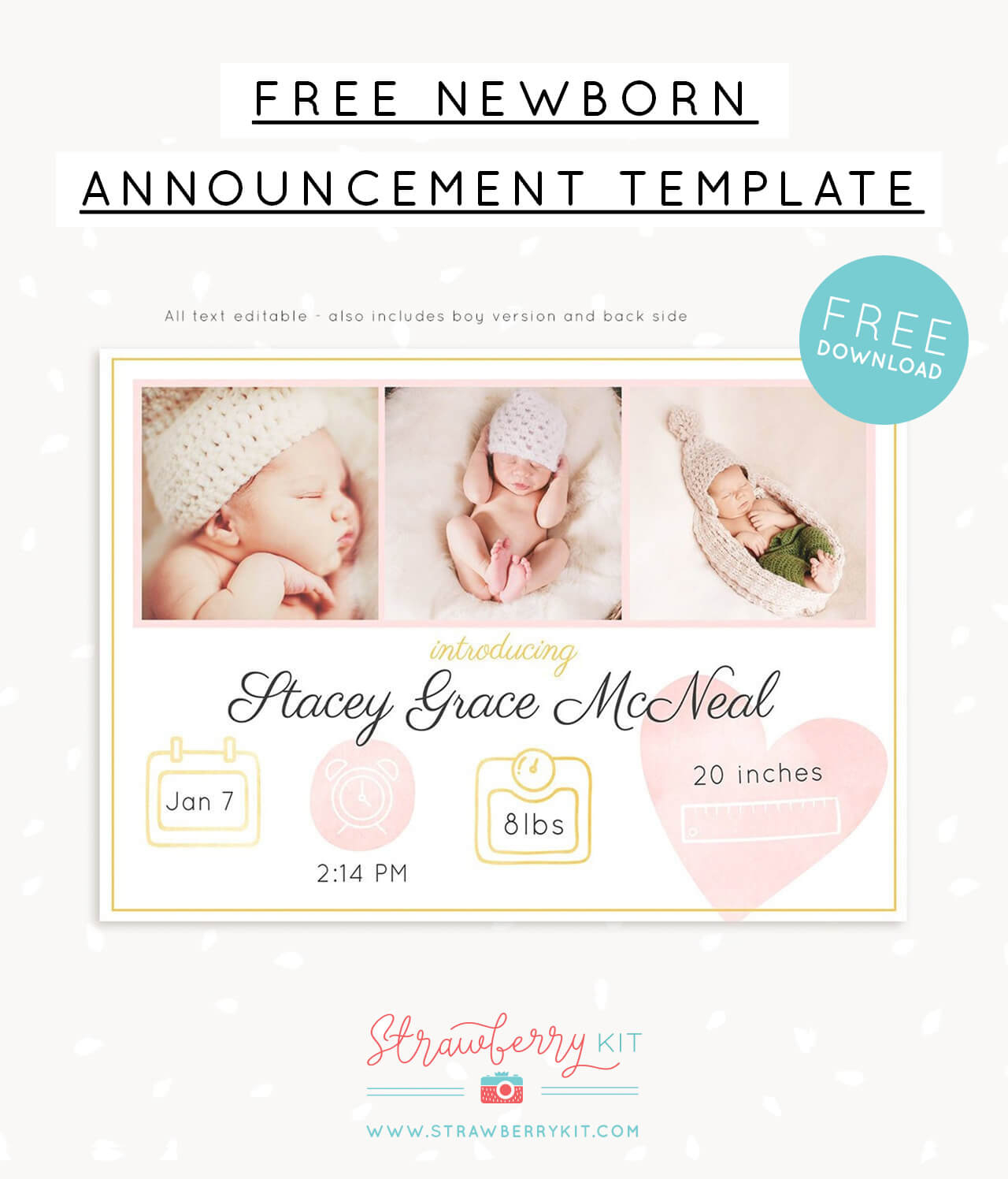 Free Birth Announcement Template For Photoshop – Strawberry Kit within Free Printable Birth Announcement Template