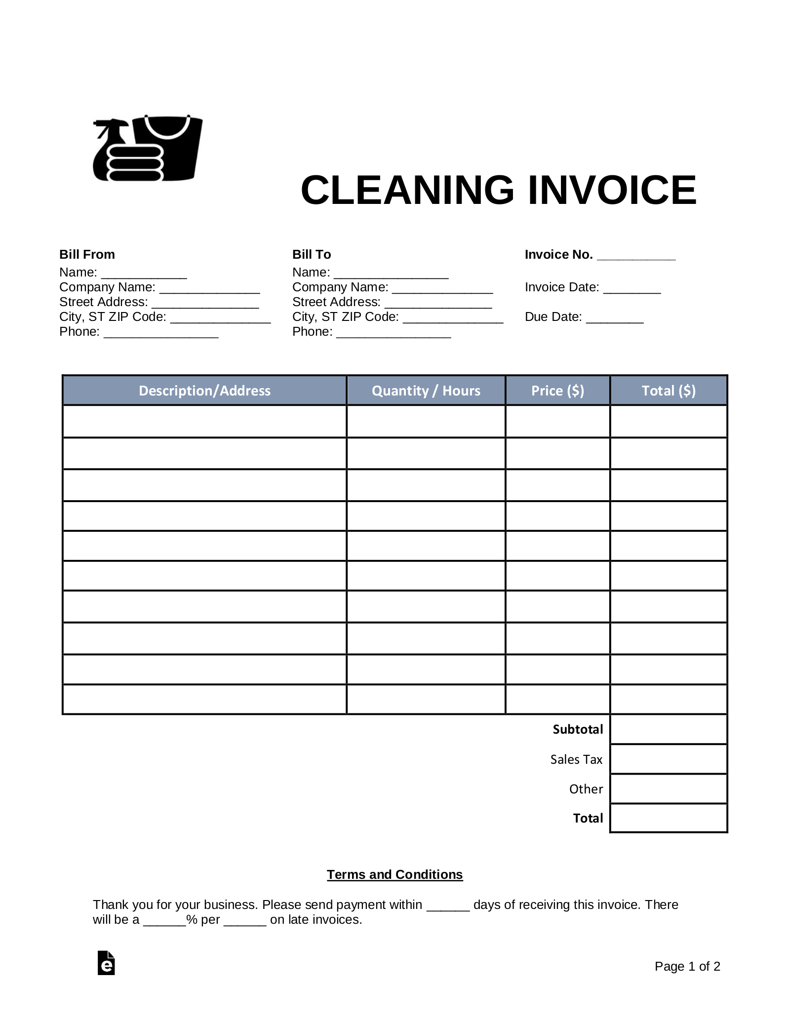 Free Cleaning (Housekeeping) Invoice Template - Pdf | Word – Eforms with regard to Free Printable Cleaning Invoice Template