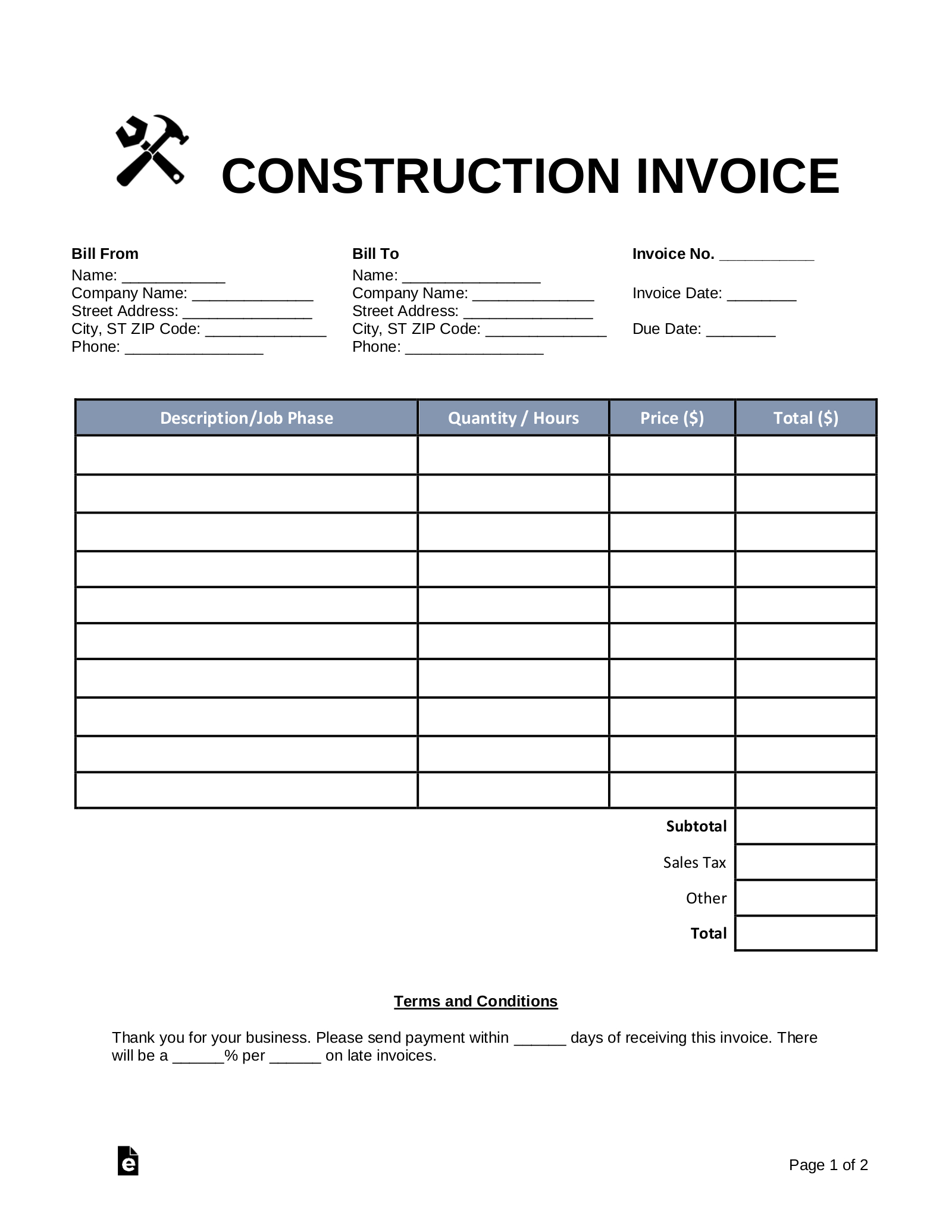 Free Construction Invoice Template - Pdf | Word – Eforms inside Free Printable Construction Invoice Template