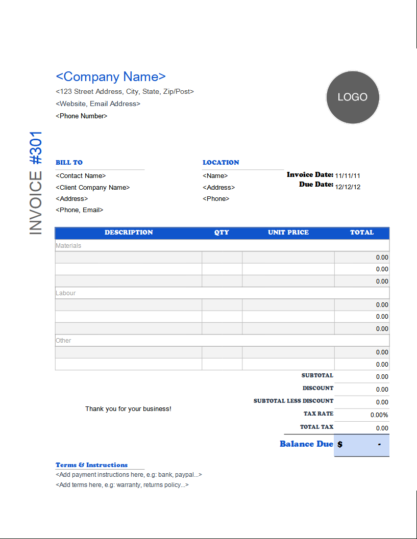 Free Construction Invoice Templates regarding Free Printable Construction Invoice Template