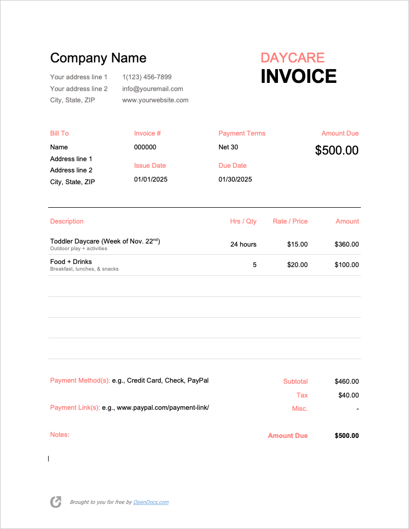 Free Daycare Invoice Template | Pdf | Word | Excel regarding Free Printable Daycare Invoice Template