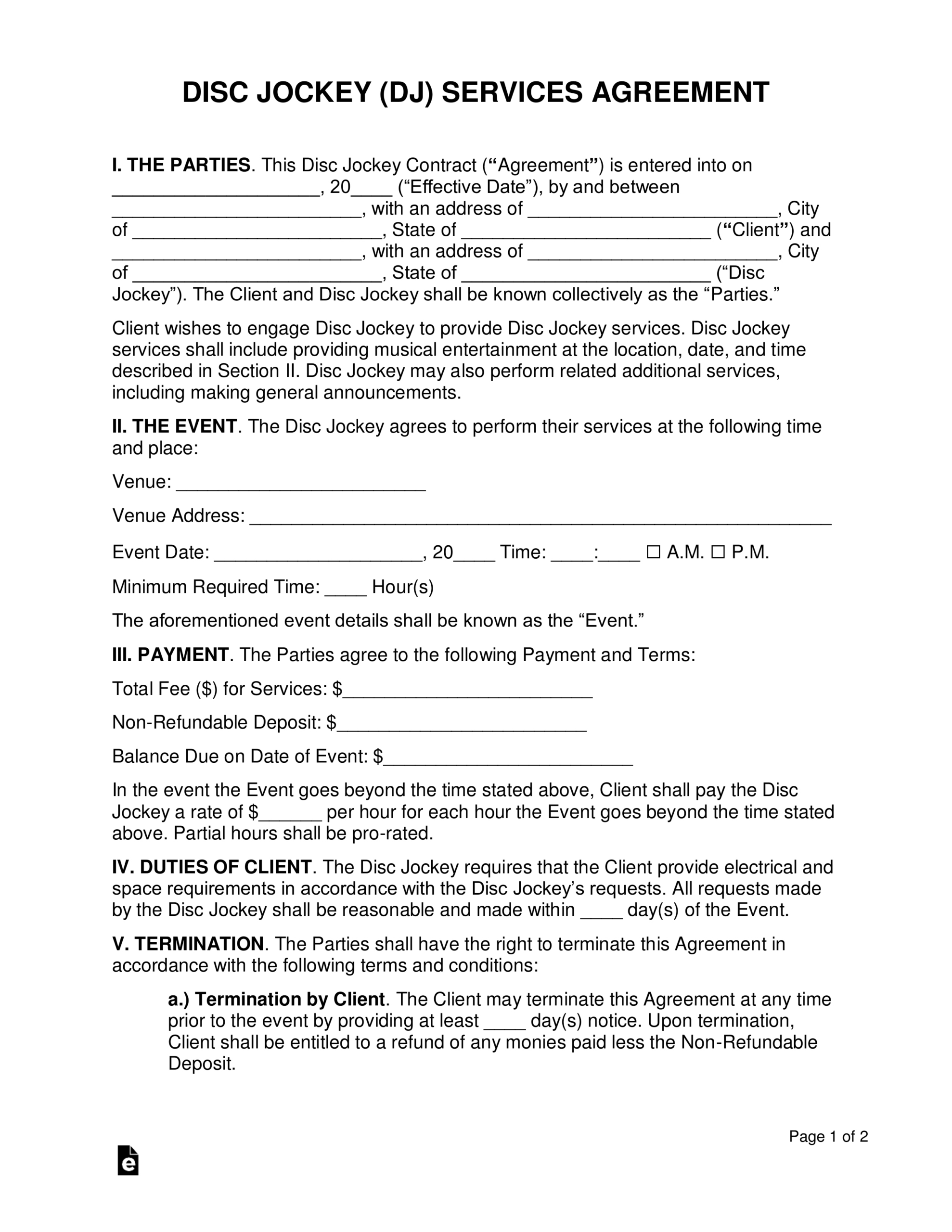 Free Disc Jockey (Dj) Services Contract - Pdf | Word – Eforms regarding Free Printable Dj Contract Template