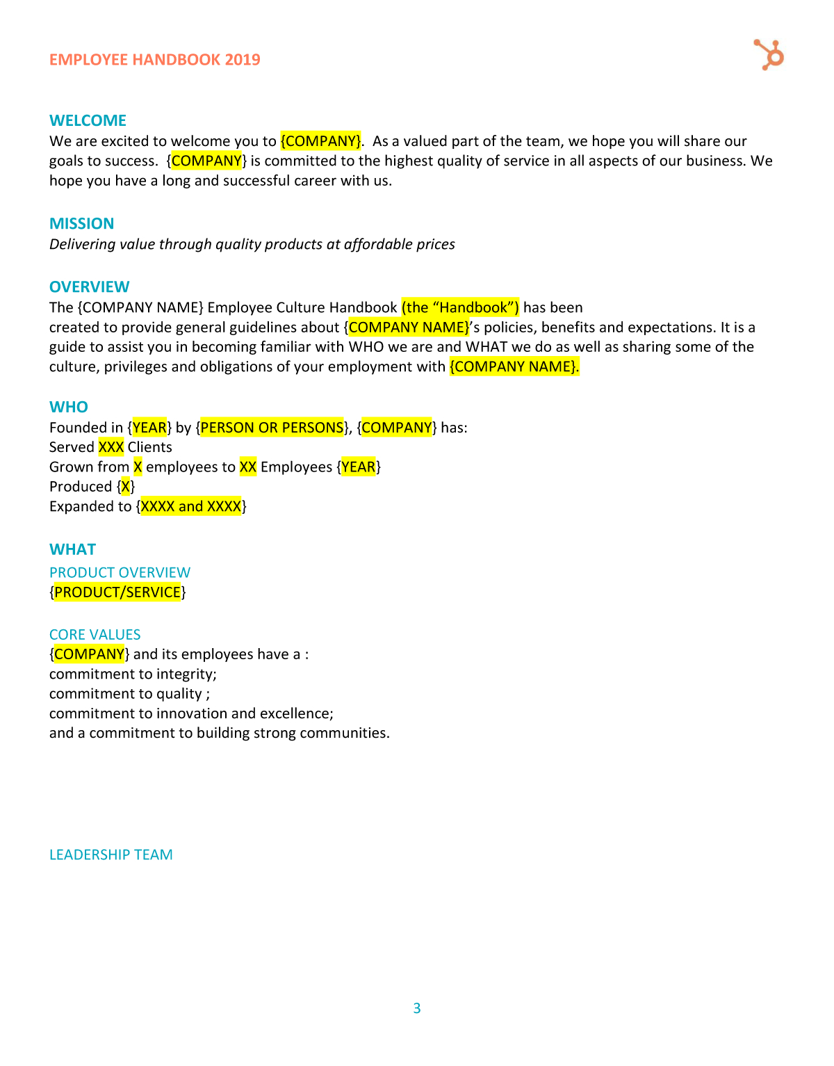 Free Employee Handbook Template For Word | Pdf | Hubspot for Free Printable Employee Handbook Template