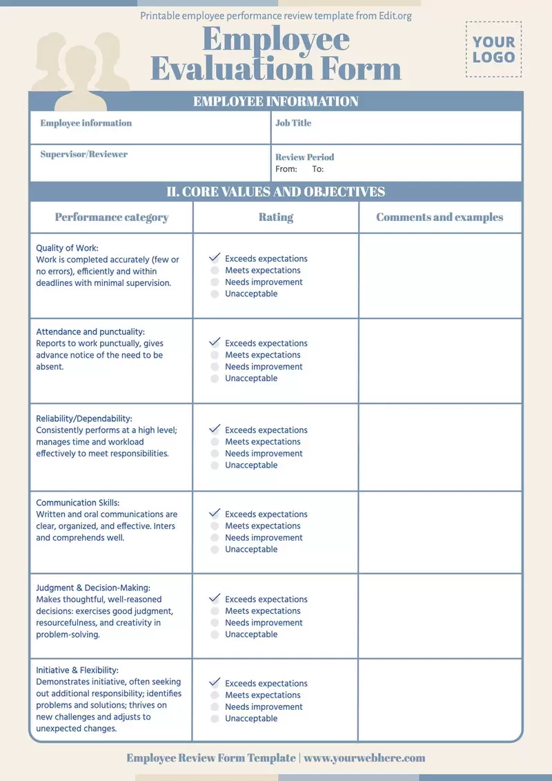 Free Employee Performance Review Templates for Free Printable Employee Review Template