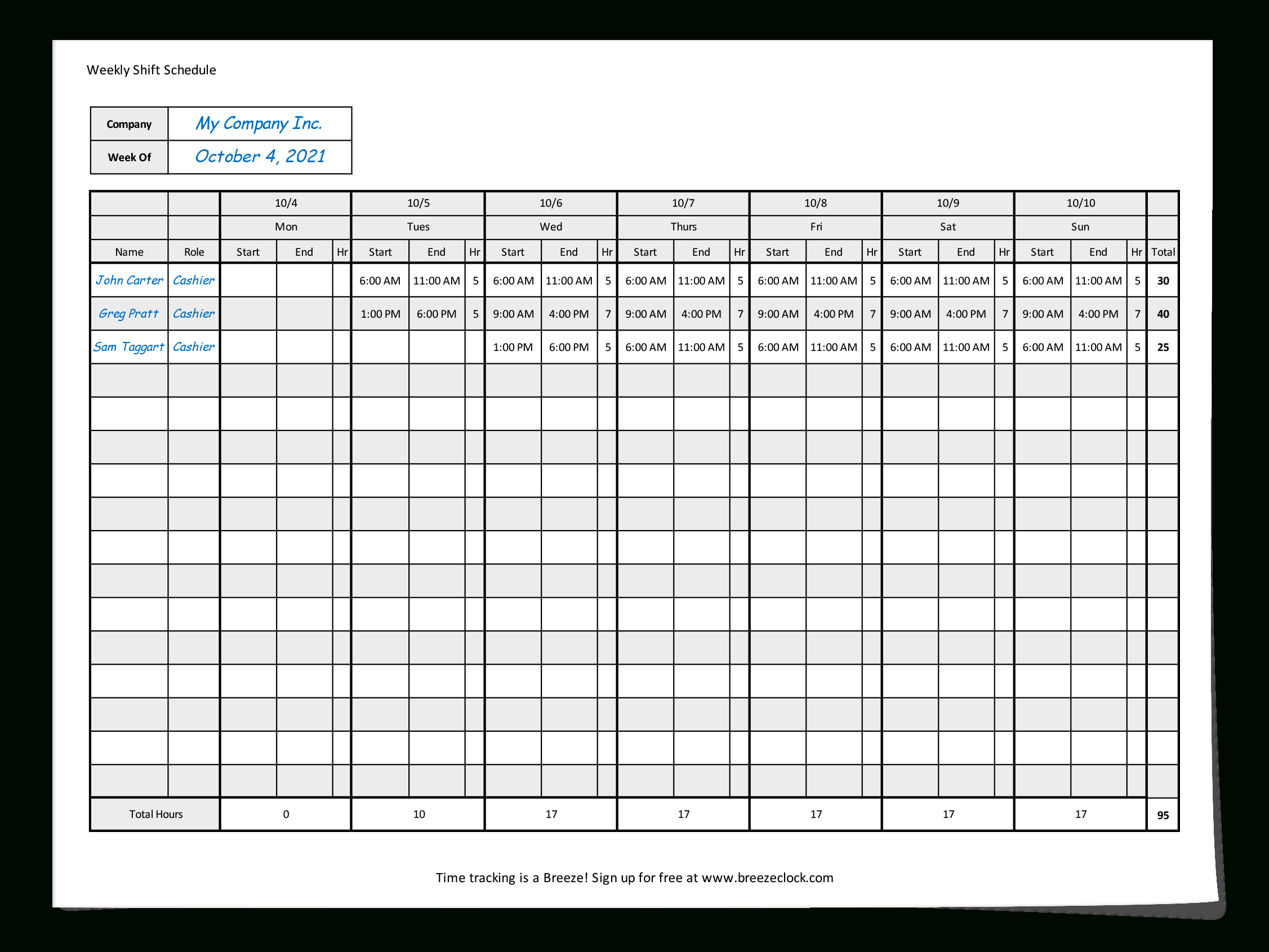 Free Employee Shift Schedule Template - Breeze Clock pertaining to Free Printable Employee Weekly Schedule Template