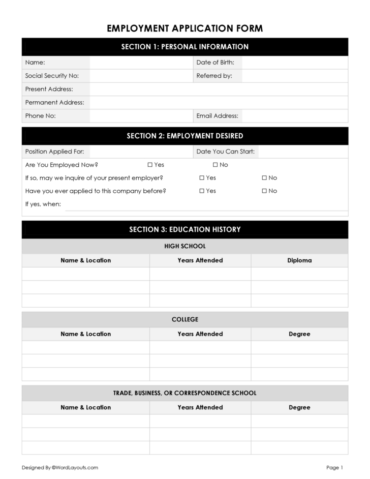 Free Printable Application For Employment Template