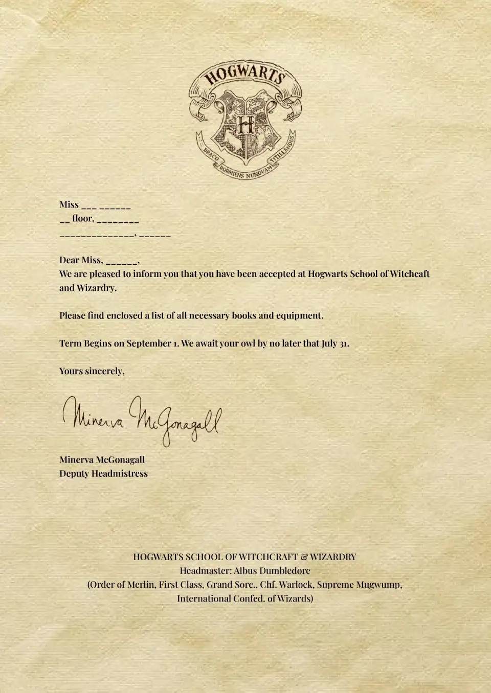 Free Hogwarts Invitation Template For Google Docs for Free Printable Editable Hogwarts Acceptance Letter Template