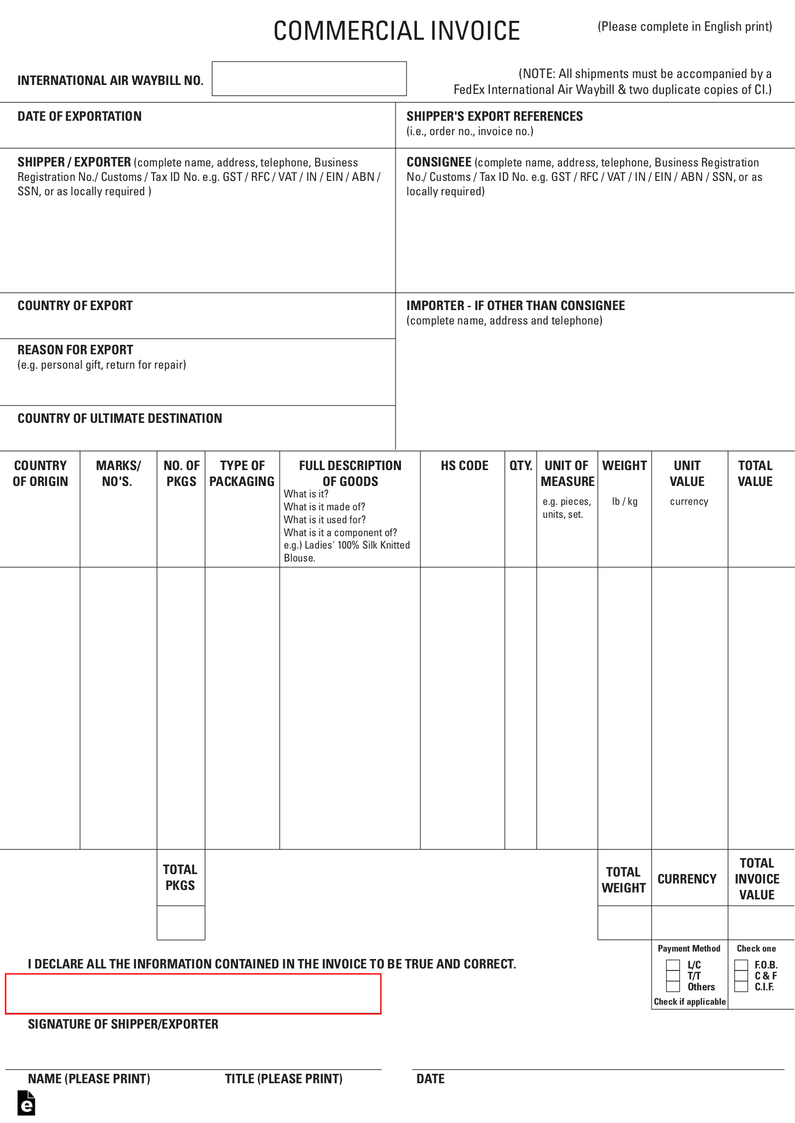 Free International Commercial Invoice Templates - Pdf – Eforms with regard to Free Printable Commercial Invoice Template