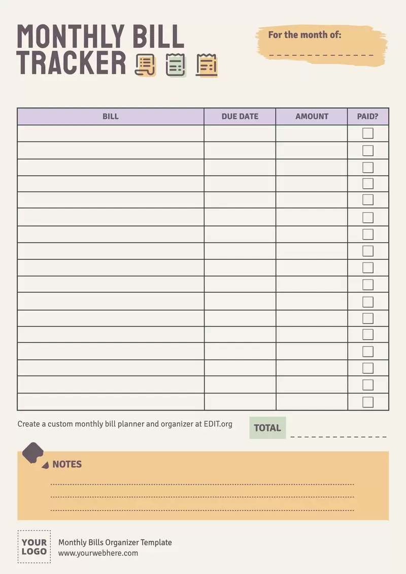 Free Monthly Bills Organizer Templates in Free Printable Bill Tracker Template