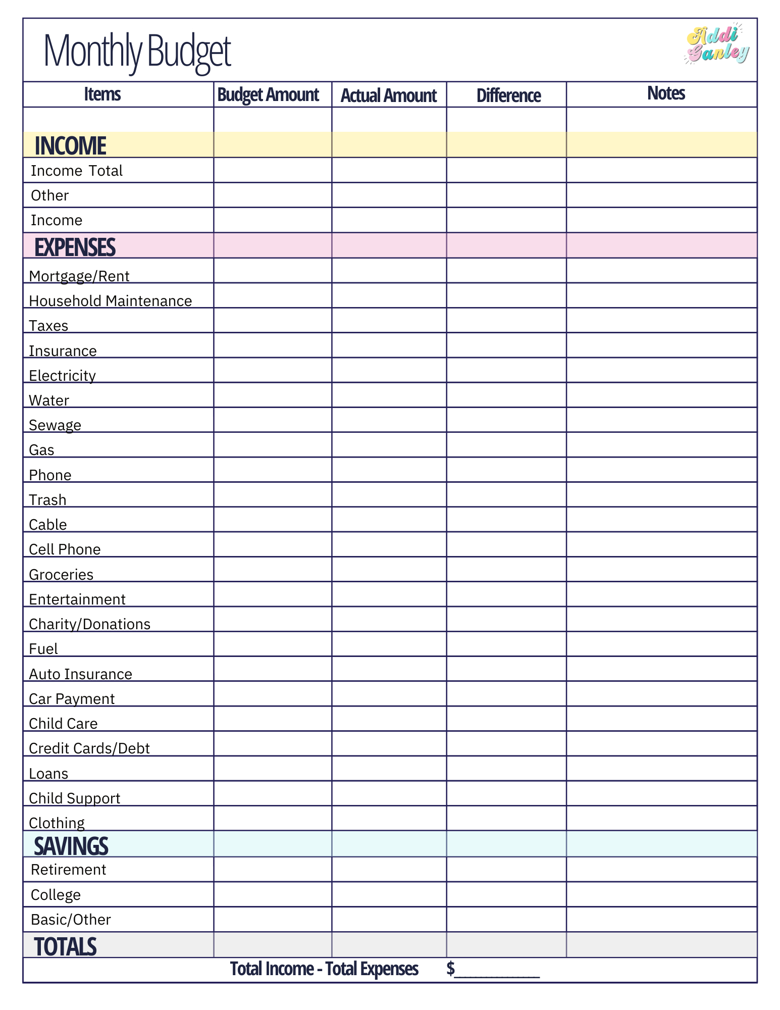 Free Monthly Budget Template - Instant Download in Free Printable Blank Monthly Budget Template