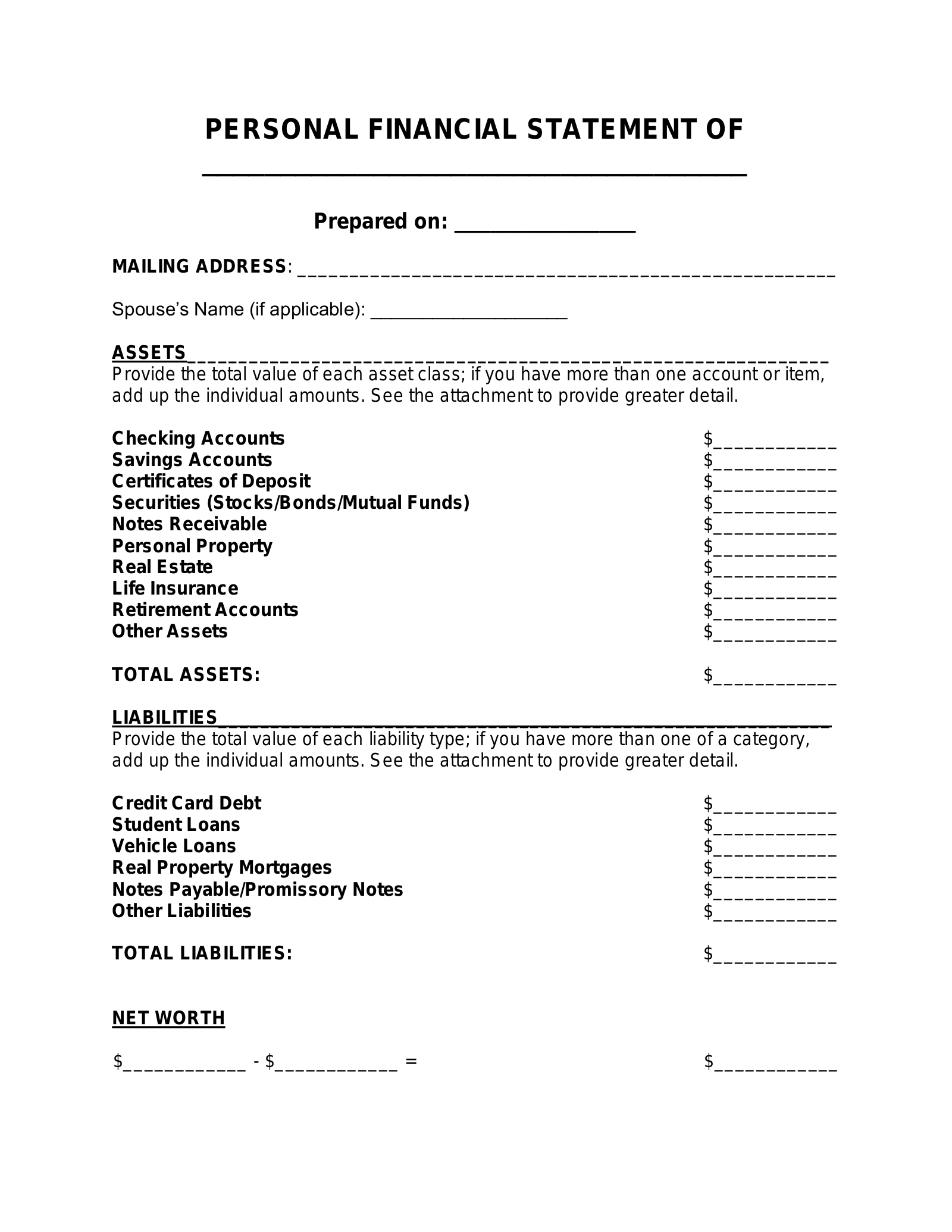 Free Personal Financial Statement Template - Pdf | Word – Eforms with Free Printable Financial Statement Template