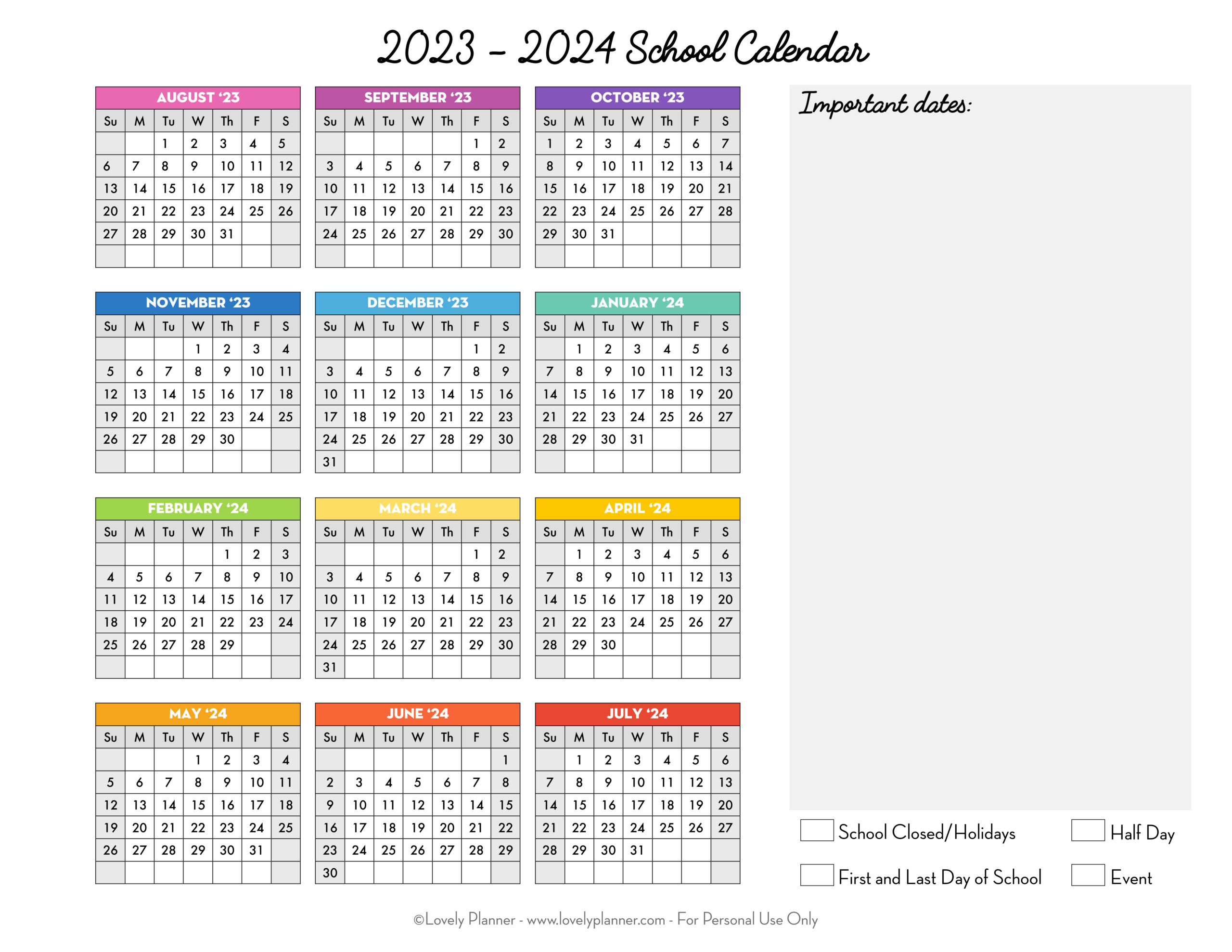 Free Printable 2023-2024 School Calendar - One Page Academic throughout Free Printable Academic Calendar Template