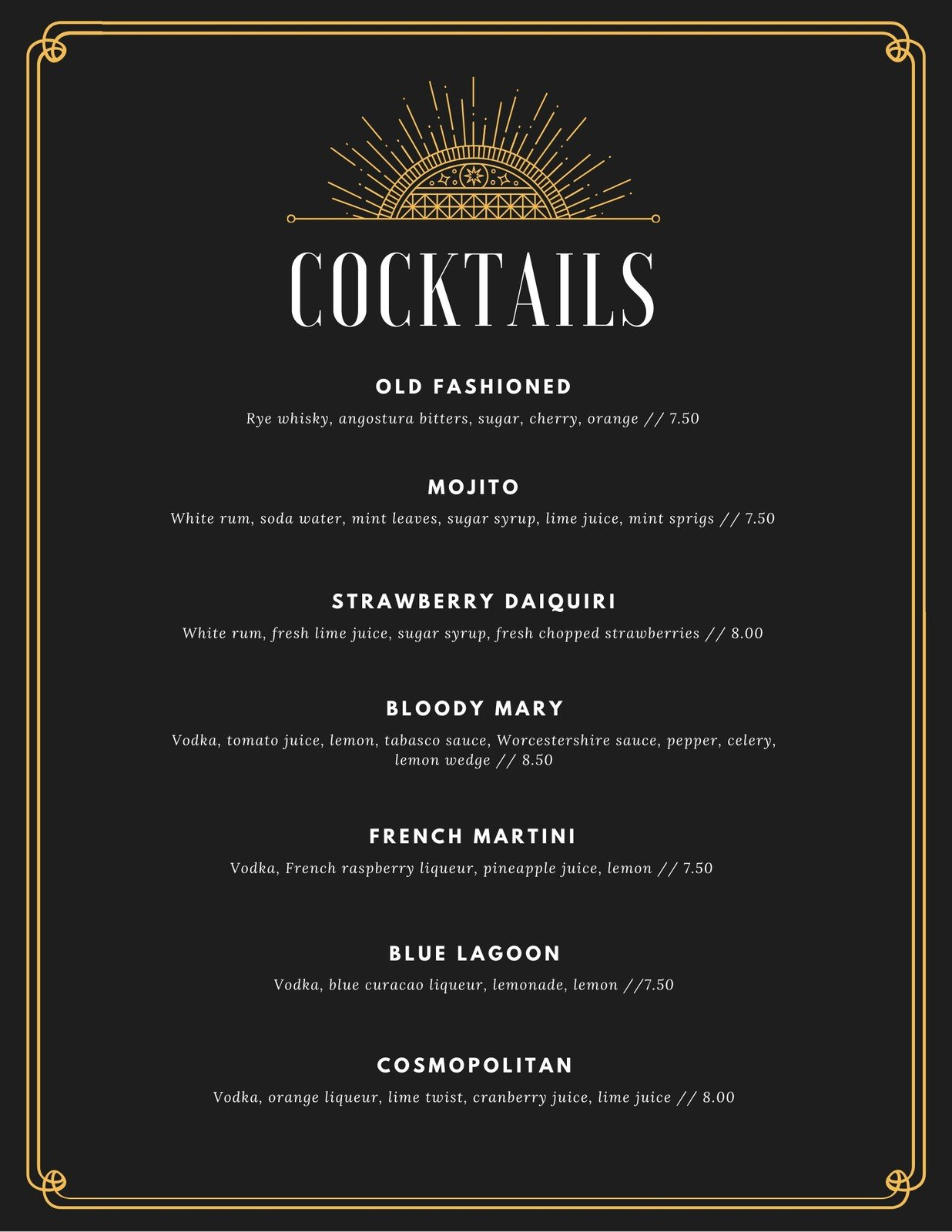 Free Printable And Customizable Cocktail Menu Templates | Canva intended for Free Printable Bar Menu Template