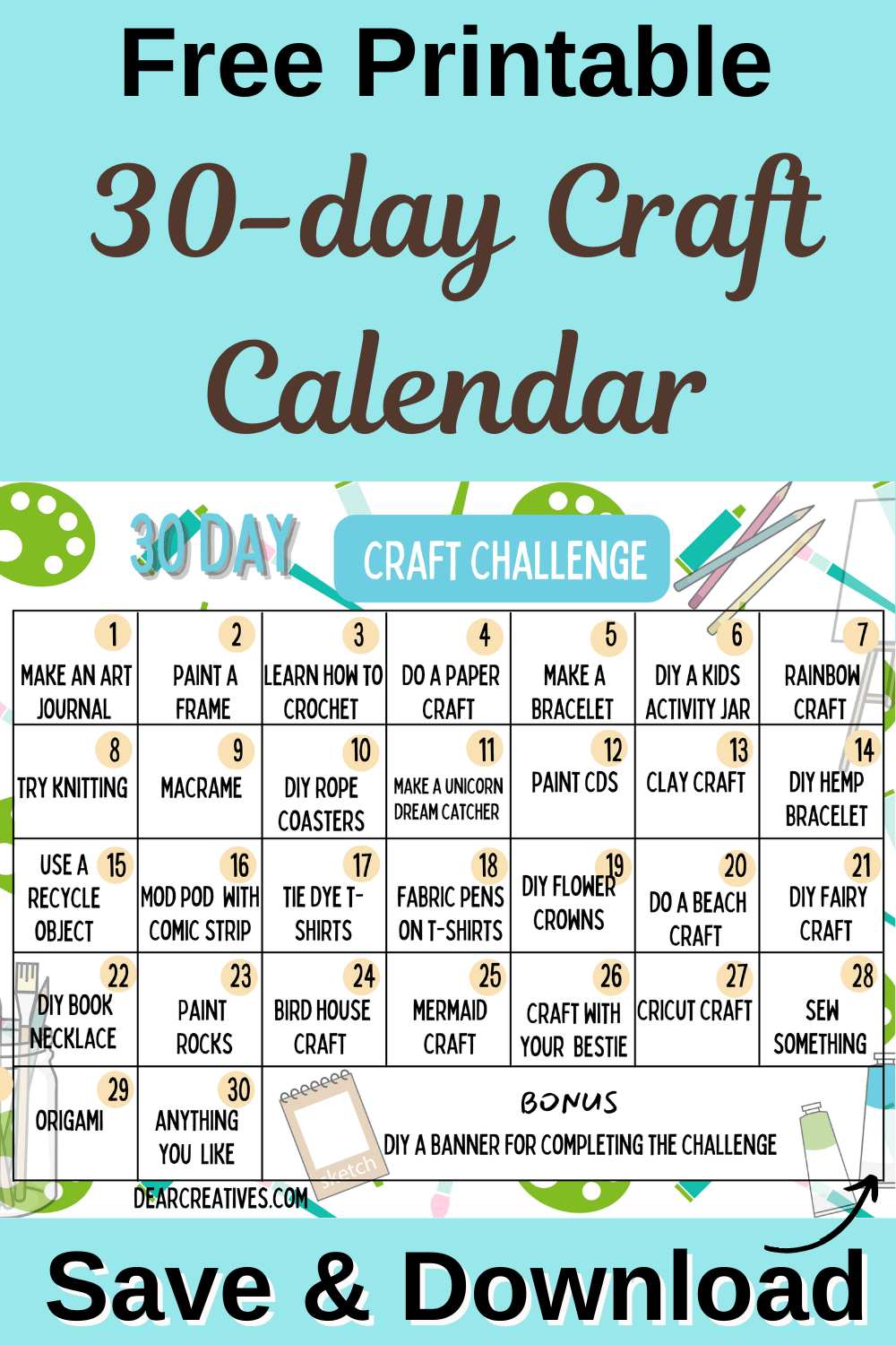 Free Printable Crafting Calendar - 30 Day Craft Challenge Dear inside Free Printable Craft Template For Adults