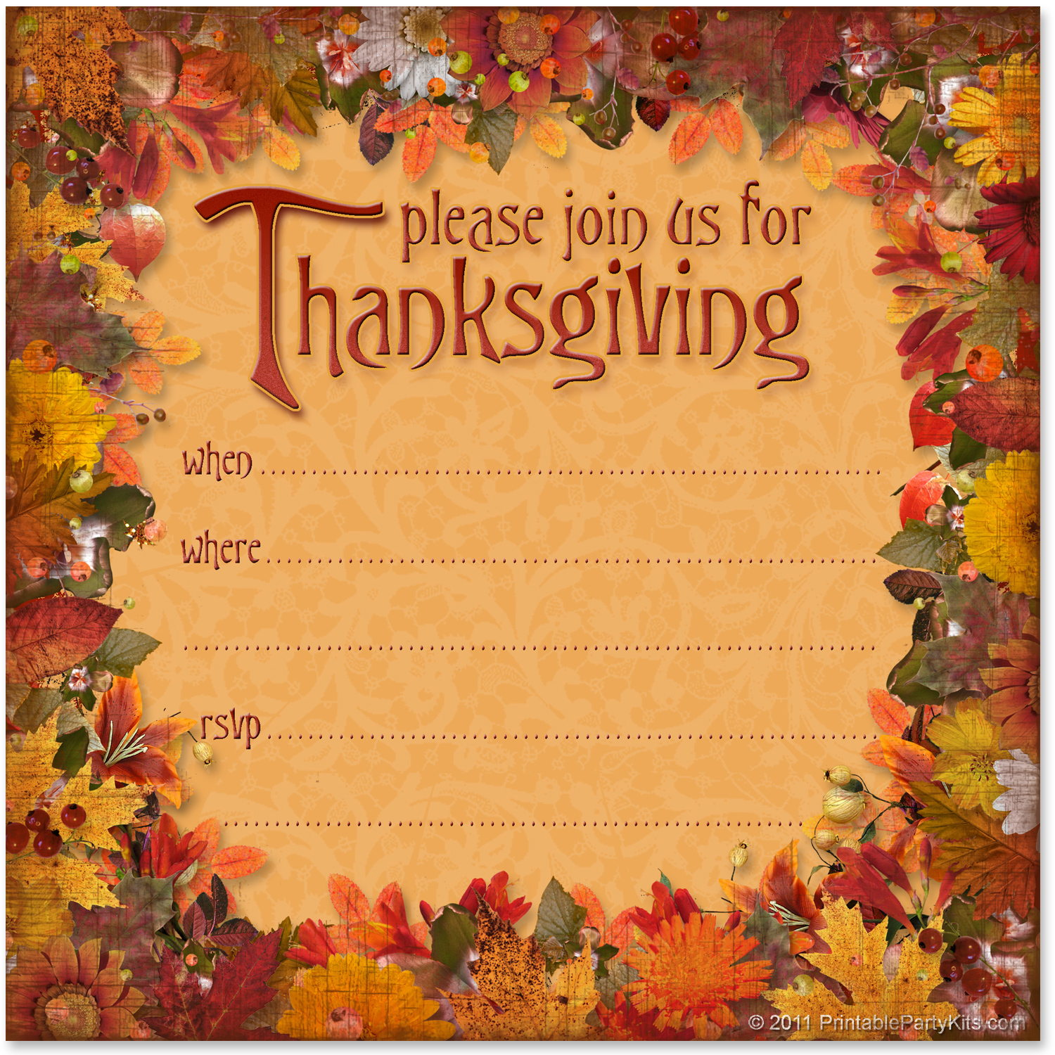 Free Printable Party Invitations: Free Thanksgiving Dinner with Free Printable Free Thanksgiving Invitation Template