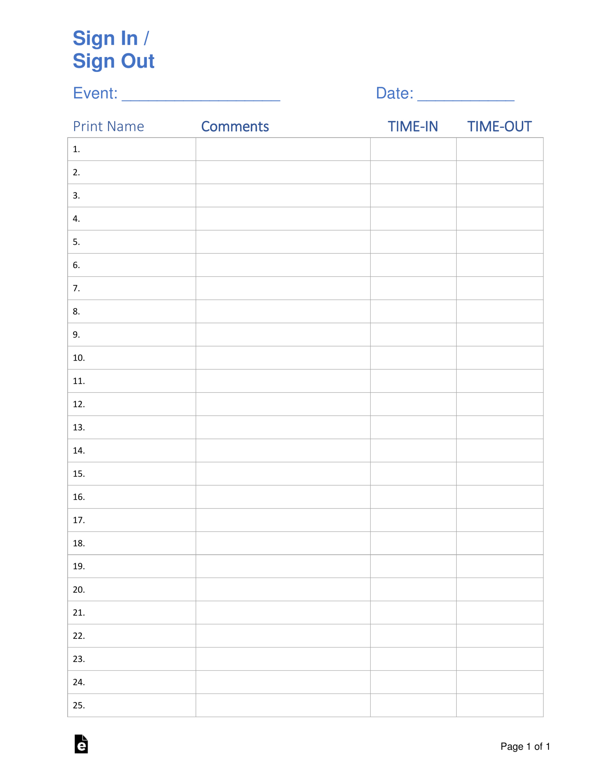 Free Sign In / Sign Up Sheet Templates - Pdf | Word – Eforms regarding Free Printable Employee Sign in Sheet Template