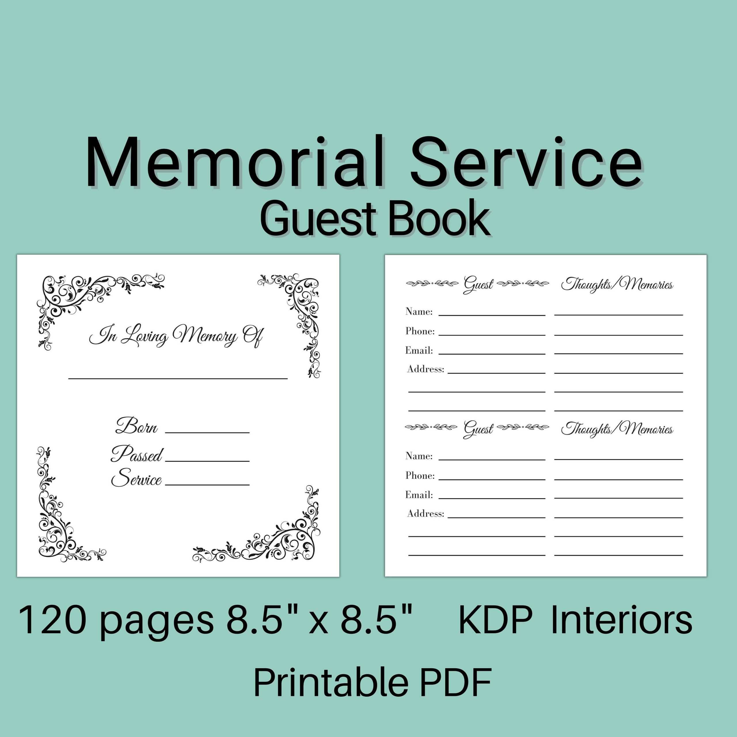 Funeral Memorial Template 8.5 X 8.5 Inches 120 Page Printable Pdf regarding Free Printable Funeral Guest Book Template
