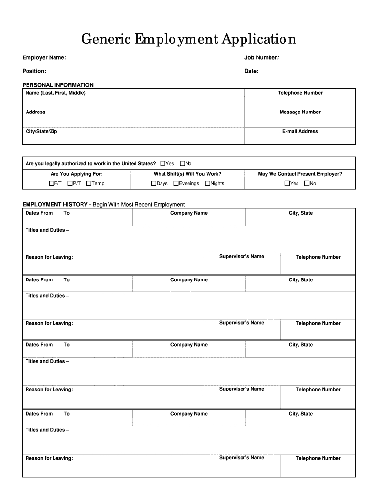 Generic Job Application - Fill Online, Printable, Fillable, Blank with regard to Free Printable Blank Job Application Template