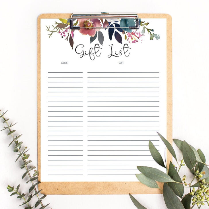 Free Printable Bridal Shower Gift List Template