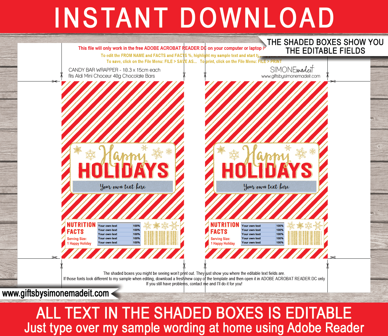 Holiday Chocolate Bar Wrappers (Mini Choceur) - Red &amp;amp; Gold intended for Free Printable Chocolate Wrappers Template