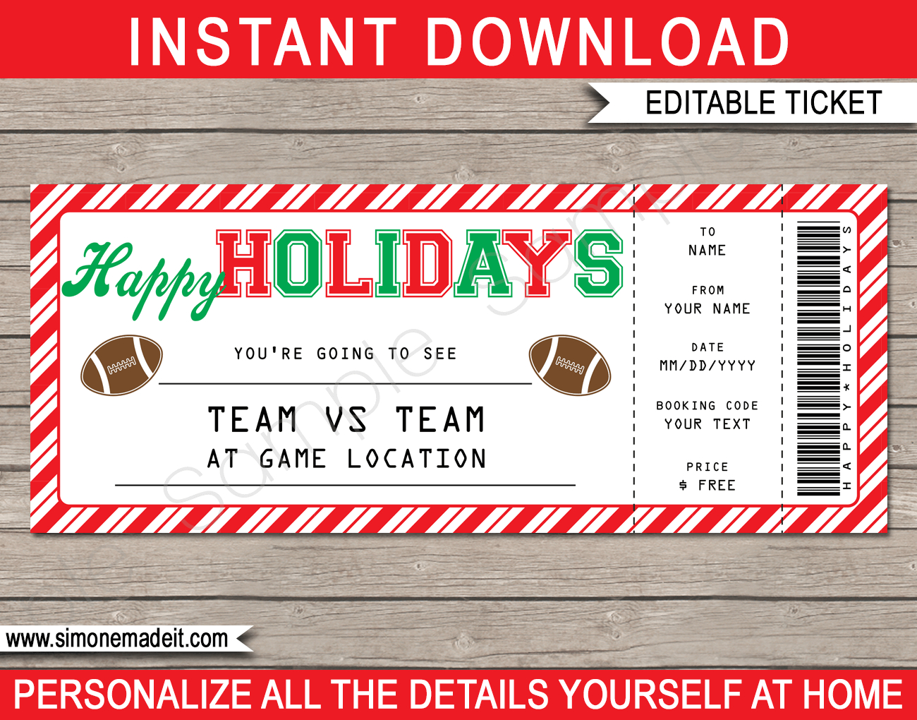 Holidays Football Ticket Gift Voucher - Printable Football Ticket with Free Printable Football Ticket Template