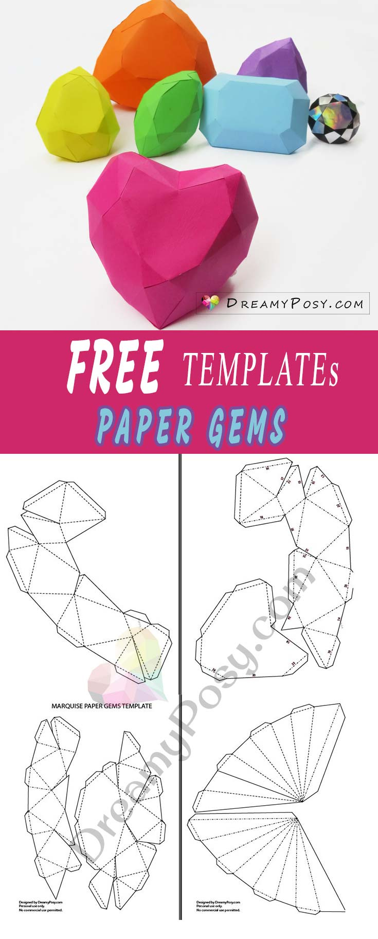 How To Make 3D Paper Gems Collection, Free Templates And Tutorial for Free Printable 3D Diamond Template
