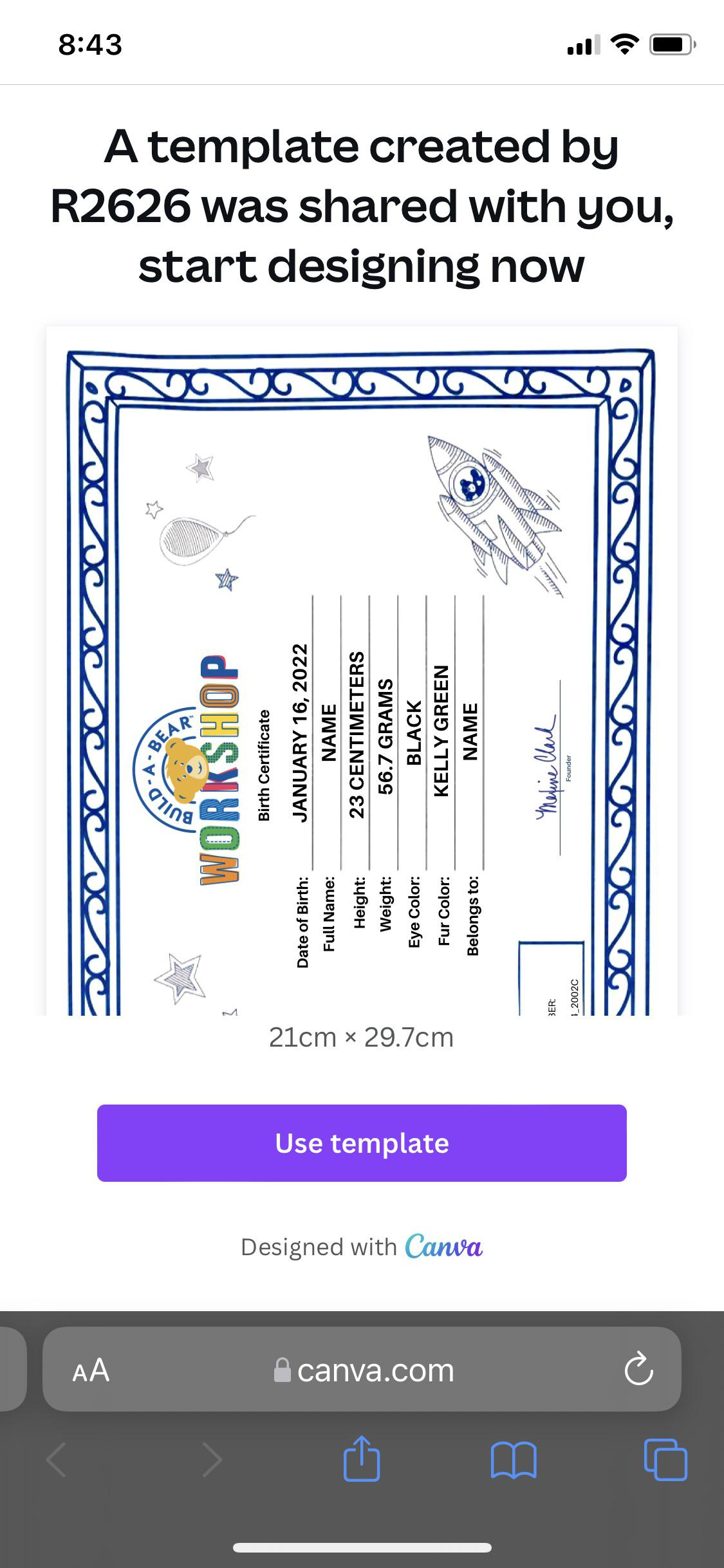 I Made A Birth Certificate Template On Canva For My Thrifted Bears within Free Printable Build A Bear Birth Certificate Template