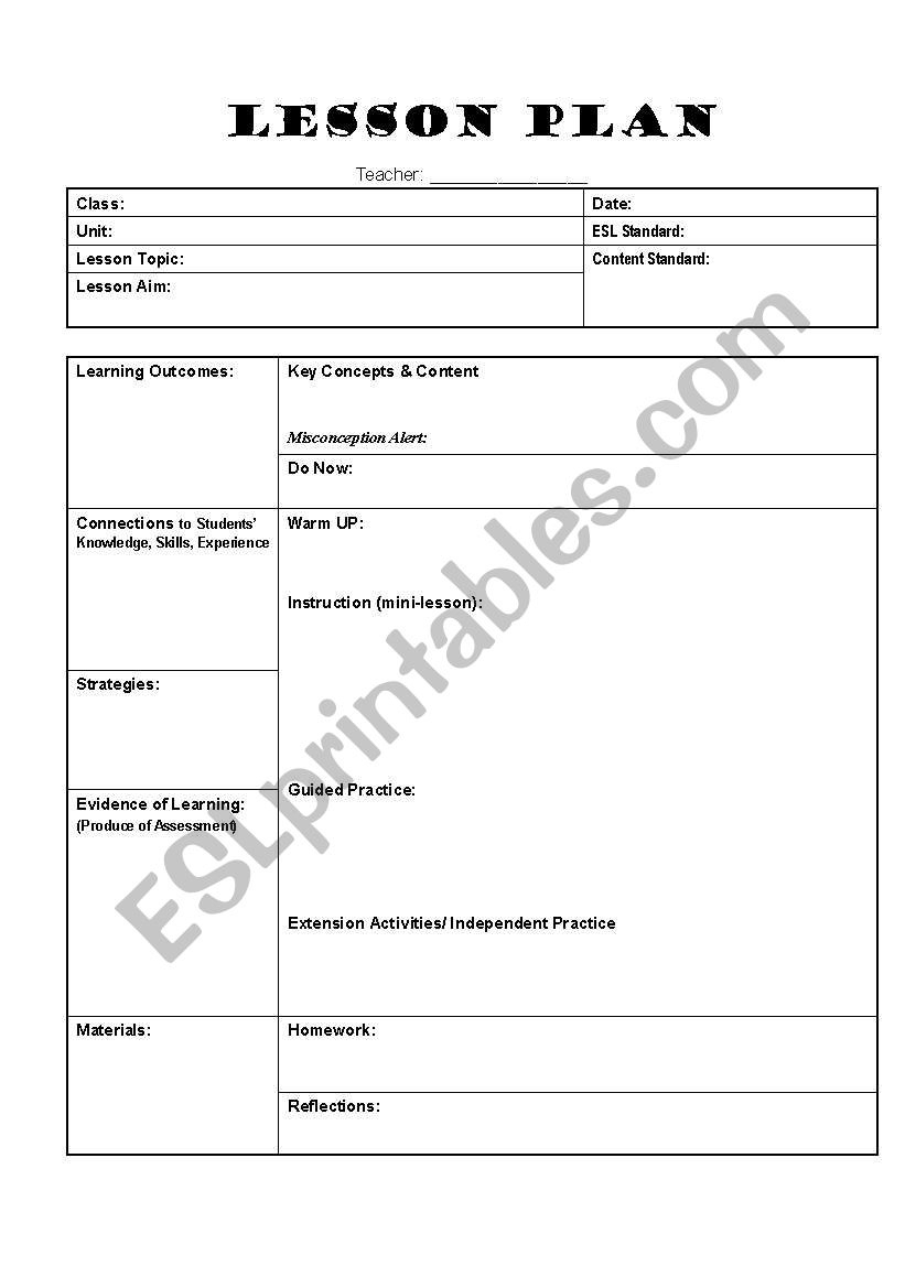 Lesson Plan Template - Esl Worksheetgracie88 with regard to Free Printable Esl Lesson Plan Template