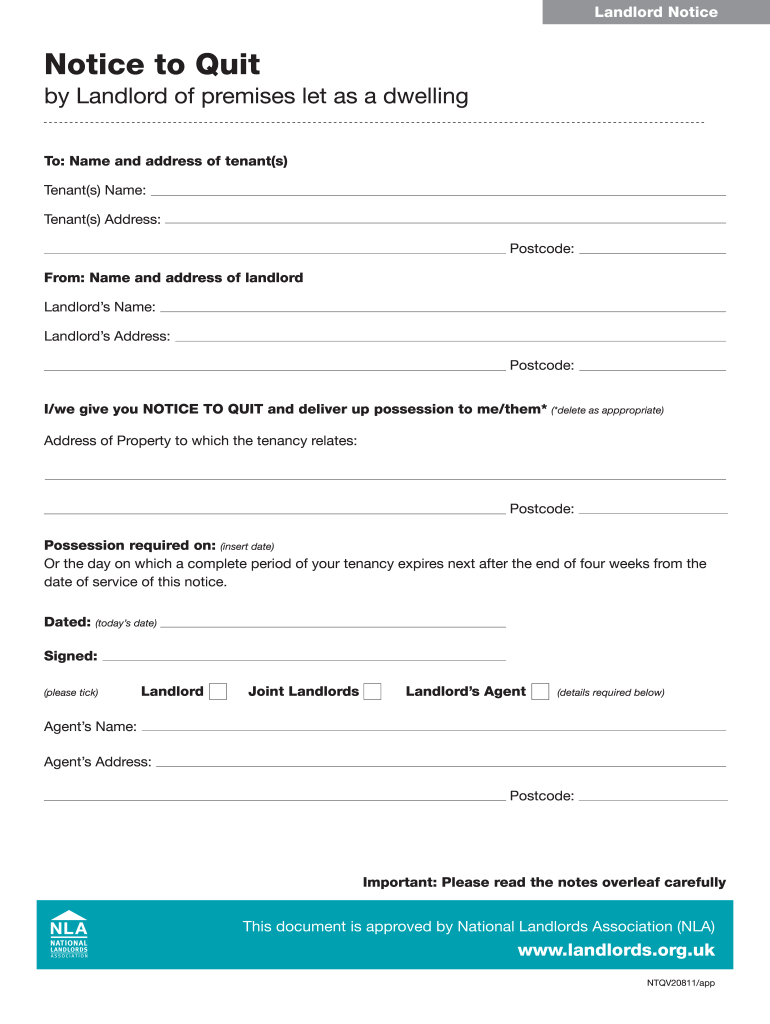 Notice To Quit For Landlords - Fill Online, Printable, Fillable inside Free Printable Eviction Notice Template Uk