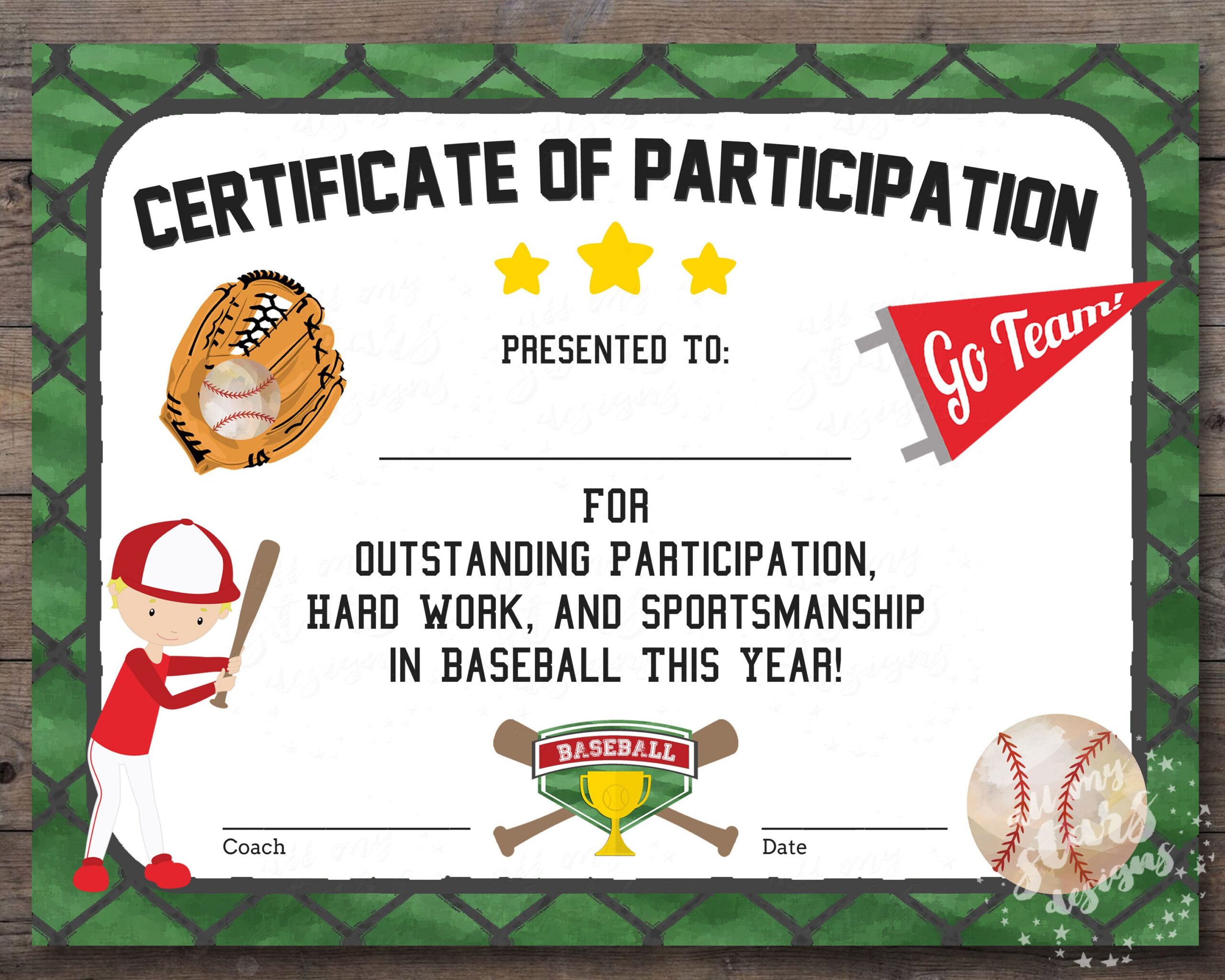 Printable Baseball Participation Certificate Sports Award Instant pertaining to Free Printable Baseball Certificates Template