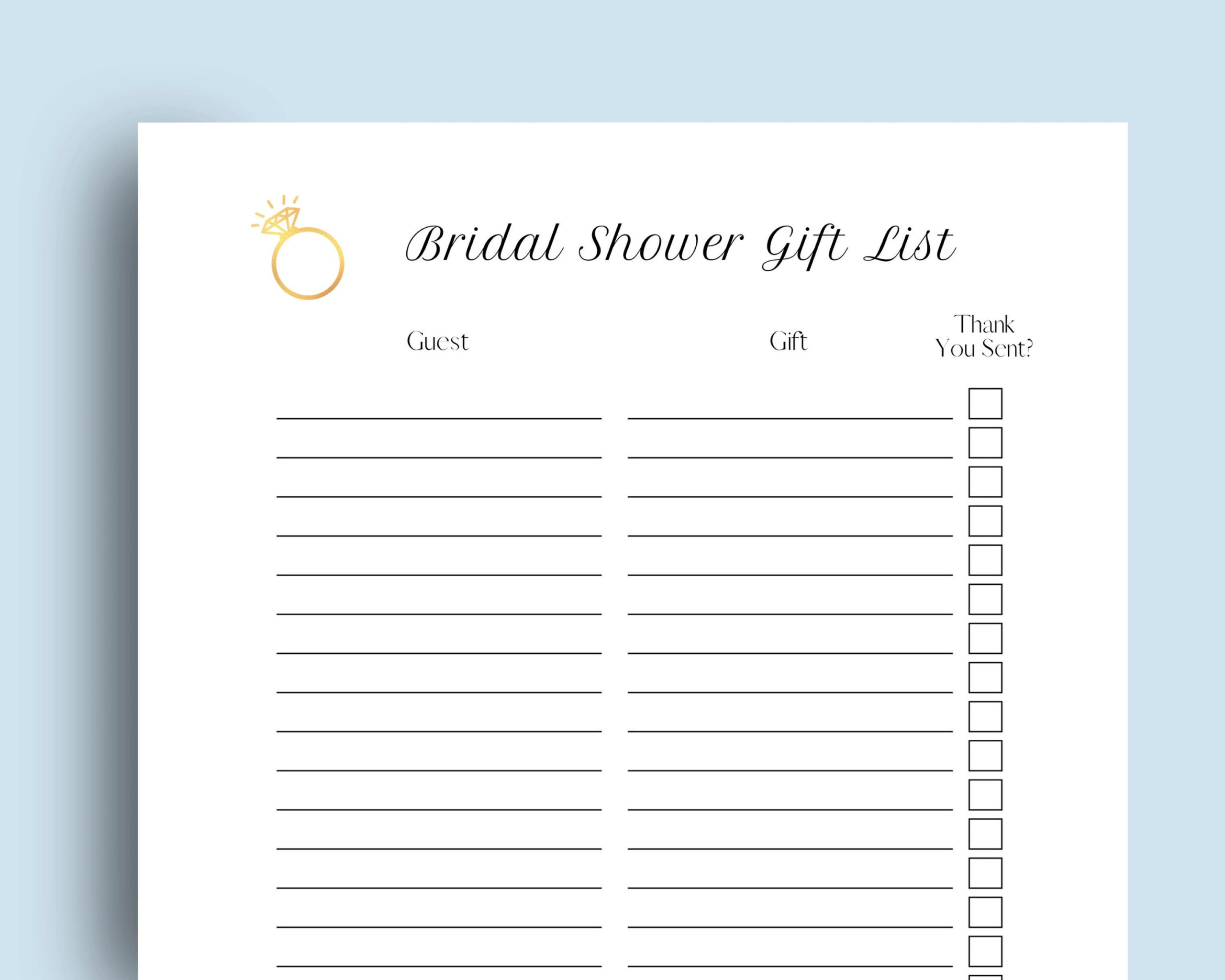 Printable Bridal Shower Gift List Digital Download, Thank You with Free Printable Bridal Shower Gift List Template