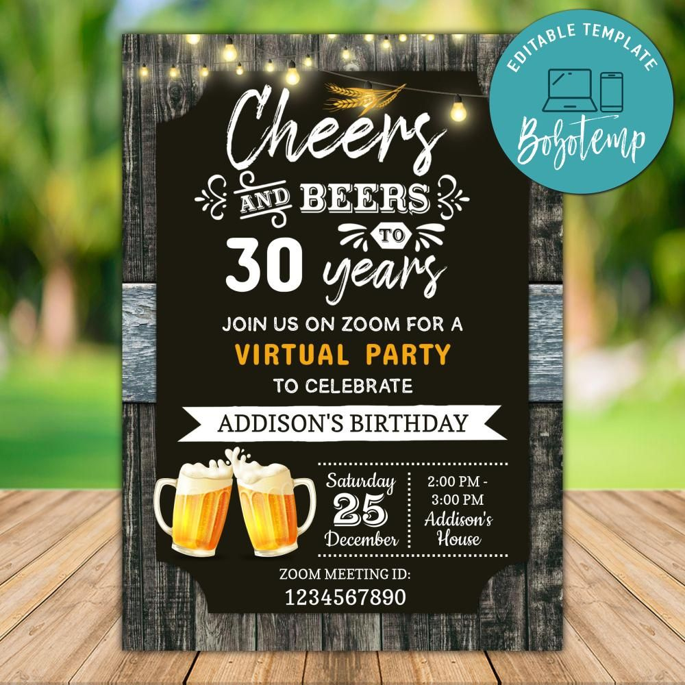 Printable Cheers And Beers Birthday Virtual Party Invitation Diy pertaining to Free Printable Cheers And Beers Invitation Template Free