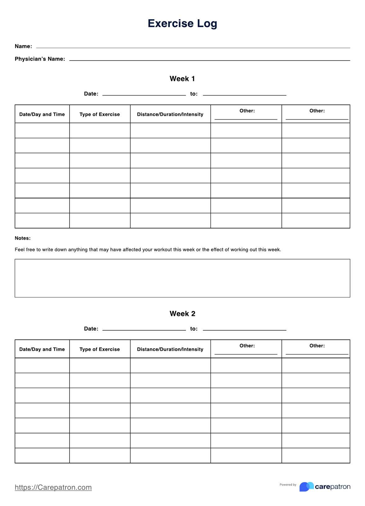 Printable Exercise Log &amp;amp; Example | Free Pdf Download with Free Printable Exercise Log Template