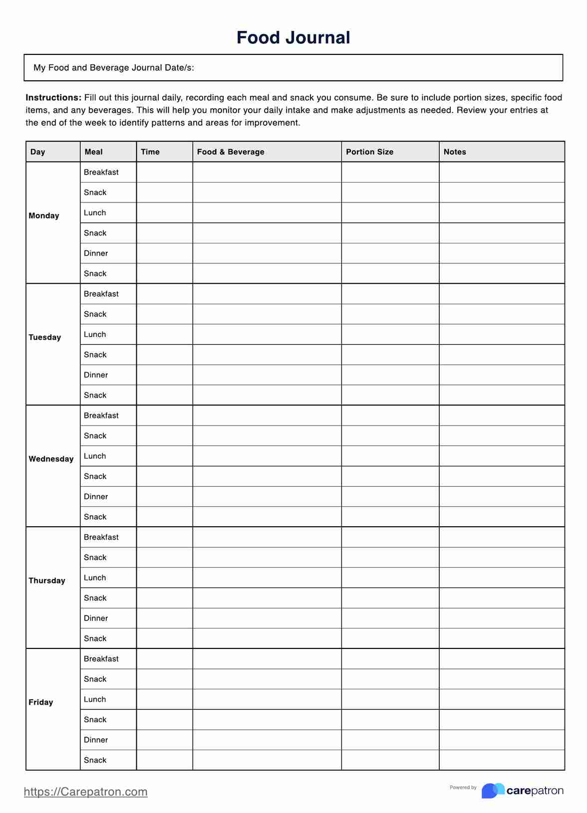 Printable Food Journal &amp;amp; Example | Free Pdf Download throughout Free Printable Food Journal Template