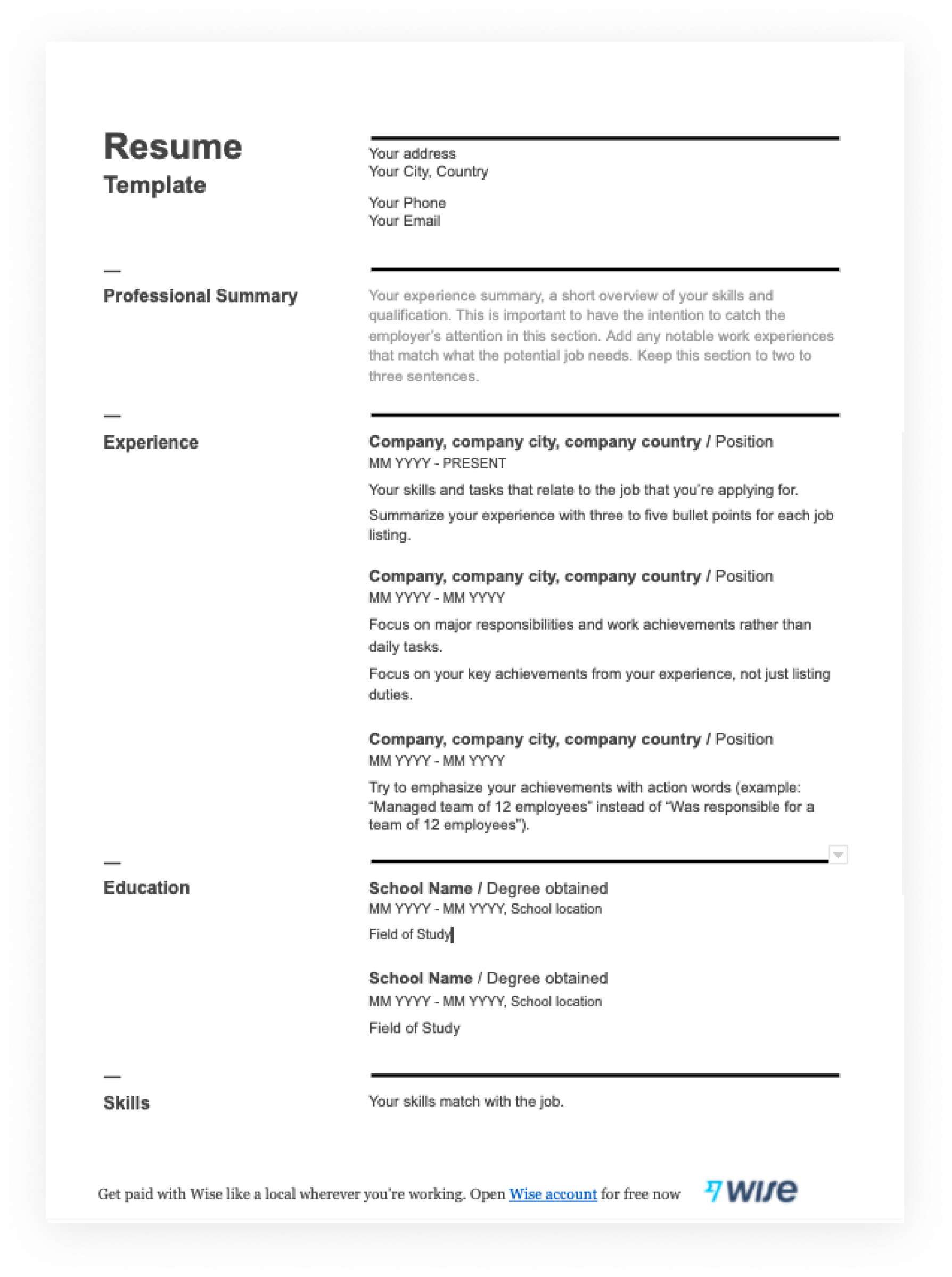 Resume Templates In Pdf - Free For Download - Wise regarding Free Printable Basic Resume Template