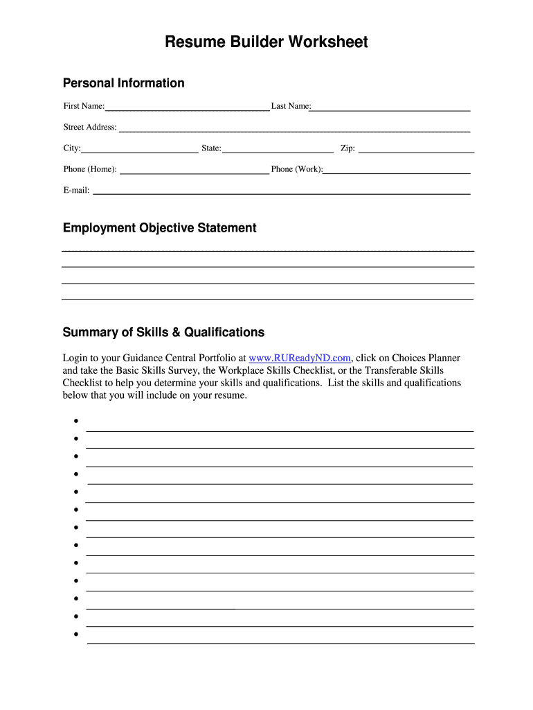 Resume Worksheet - Fill Online, Printable, Fillable, Blank | Pdffiller for Free Printable Fill In The Blank Resume Template