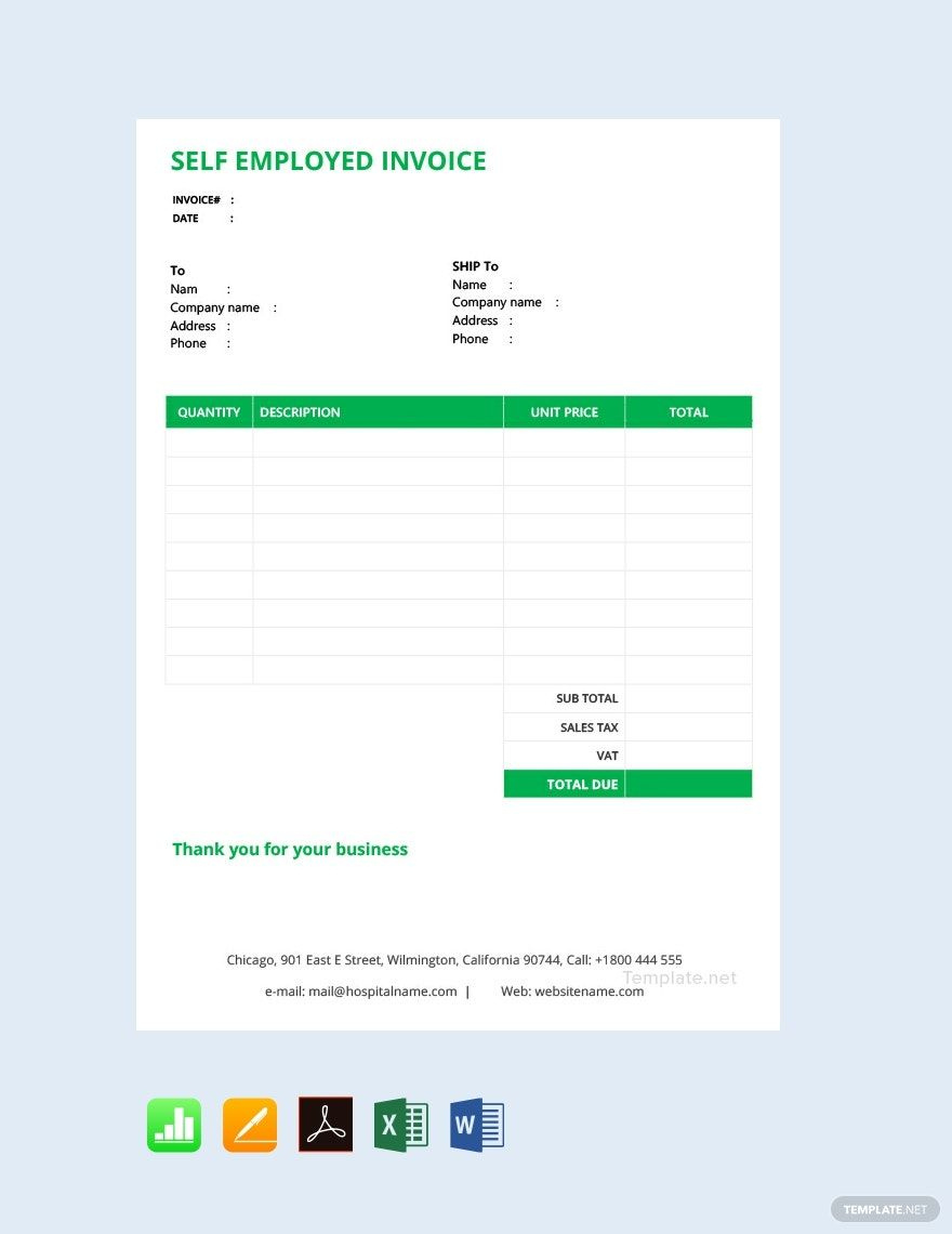 Self Employed Invoice Template In Apple Numbers, Excel, Pages with regard to Free Printable Blank Self Employed Printable Invoice Template