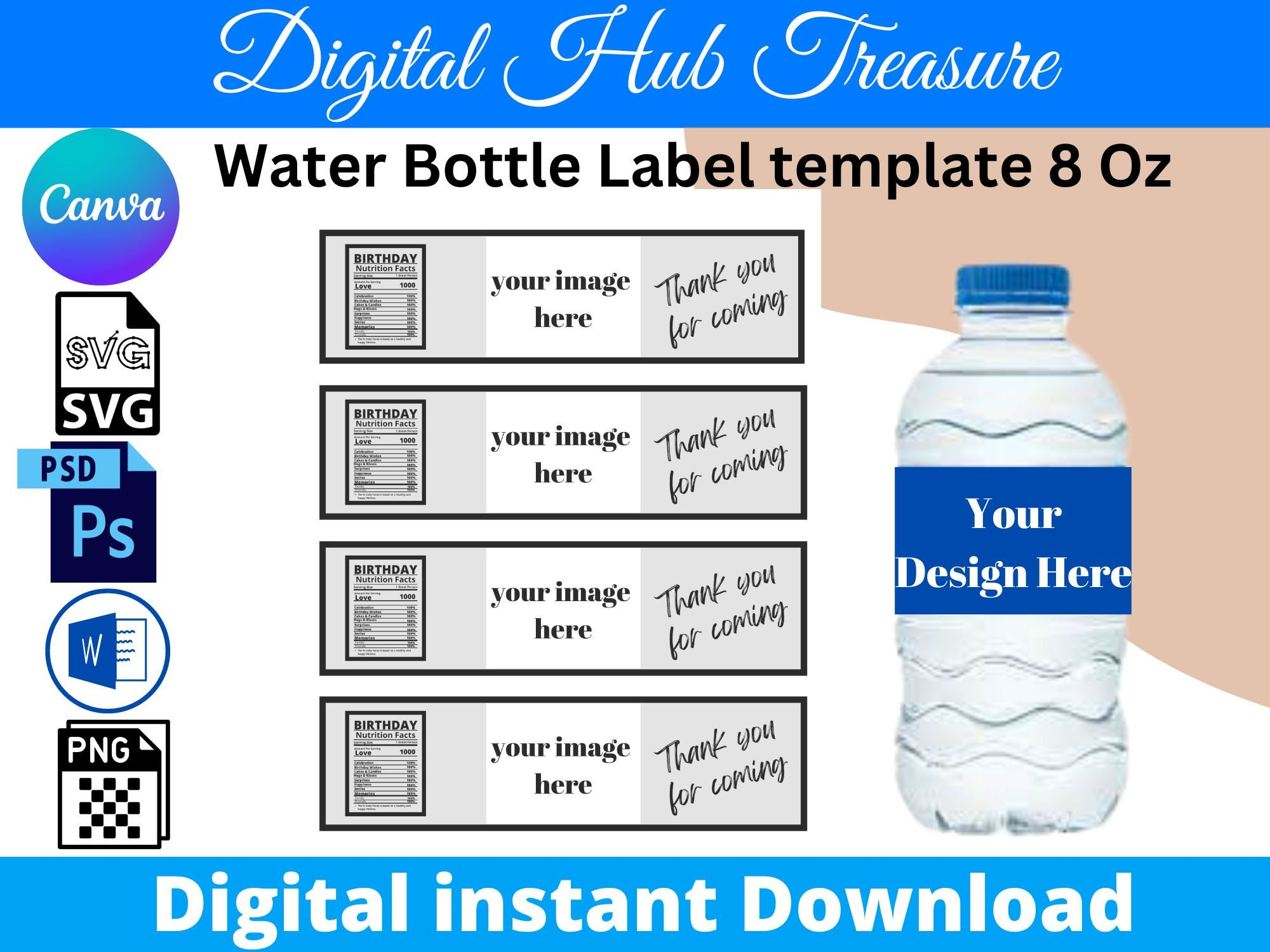 Water Bottle Bundle Label Template Instant Download Personalized intended for Free Printable 8 Oz Water Bottle Label Template Free